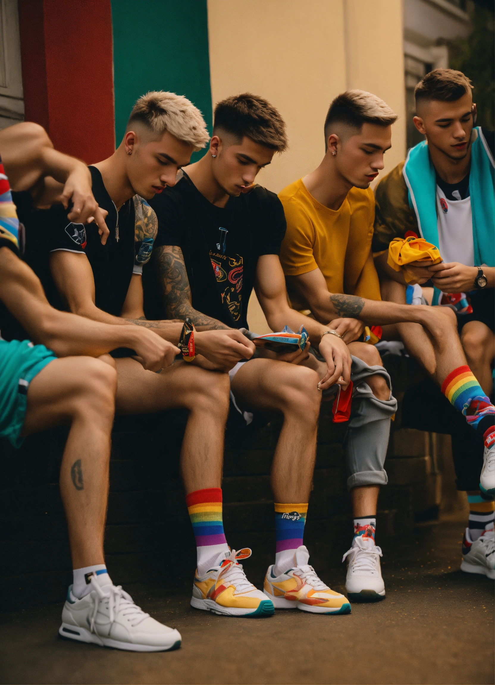 Lexica - Group of Skinny Guys smelling sneakers tik tok jocks, gay,  sniffing socks