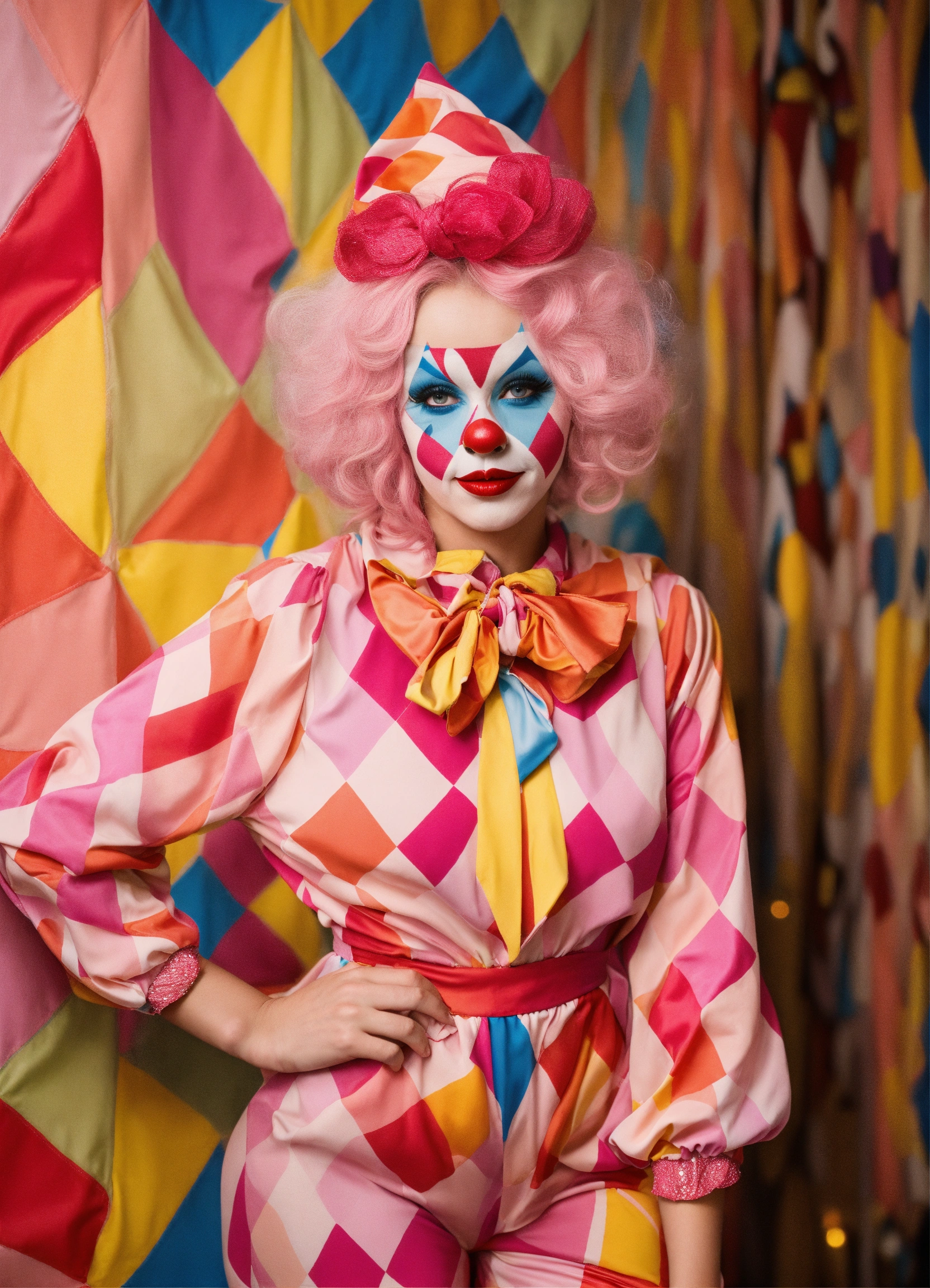 Lexica - Pink colorful vintage harlequin clown with diamond pattern ...