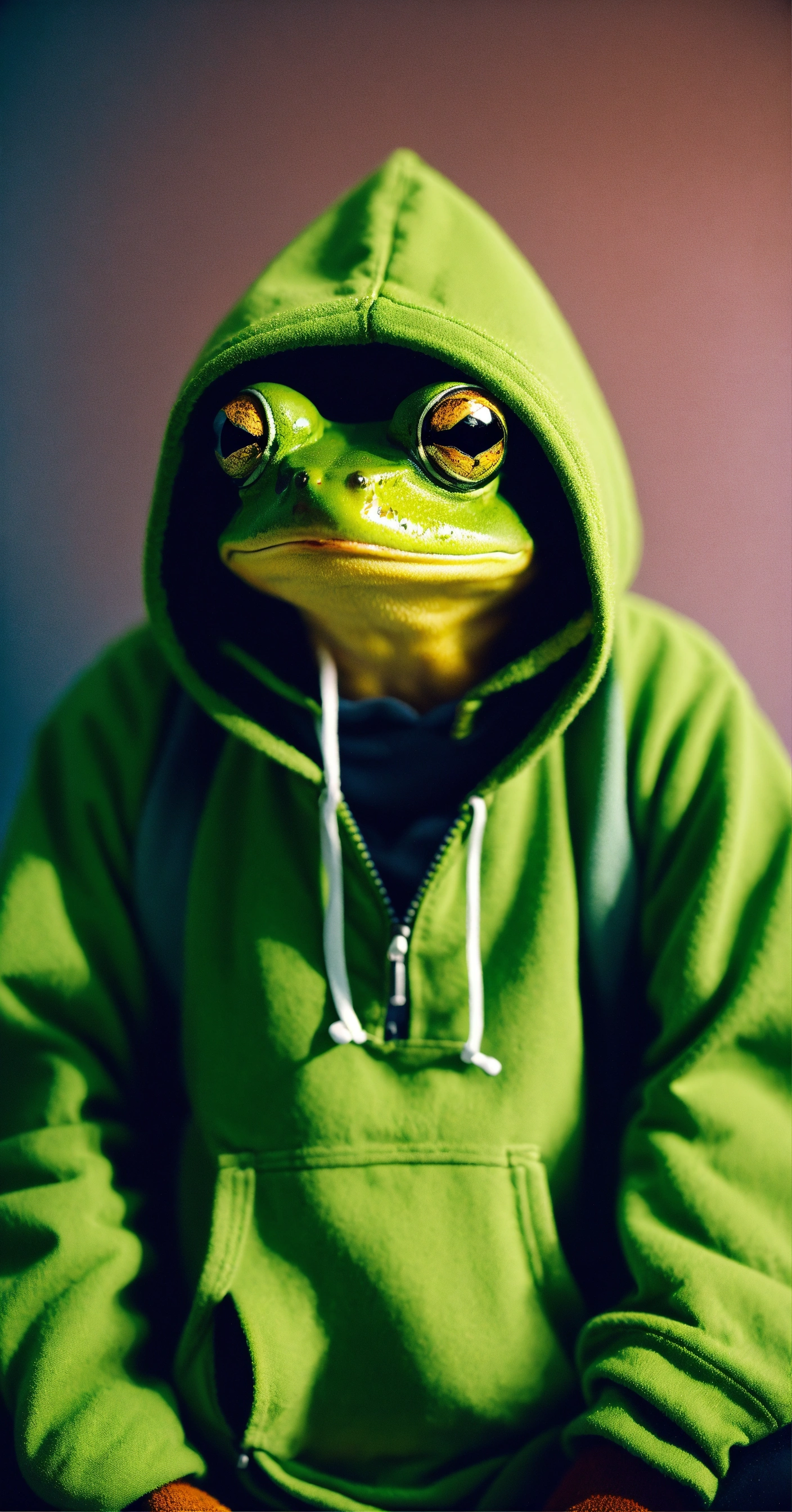 Lexica - Anthropomorphic frog in an adorable hoodie, 35mm Cinematic ...