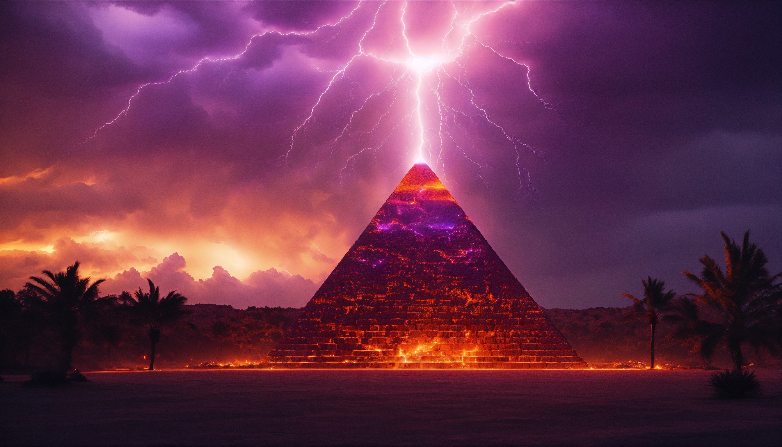 Lexica - A pyramid struck by lightning, purple and orange and red skies ...