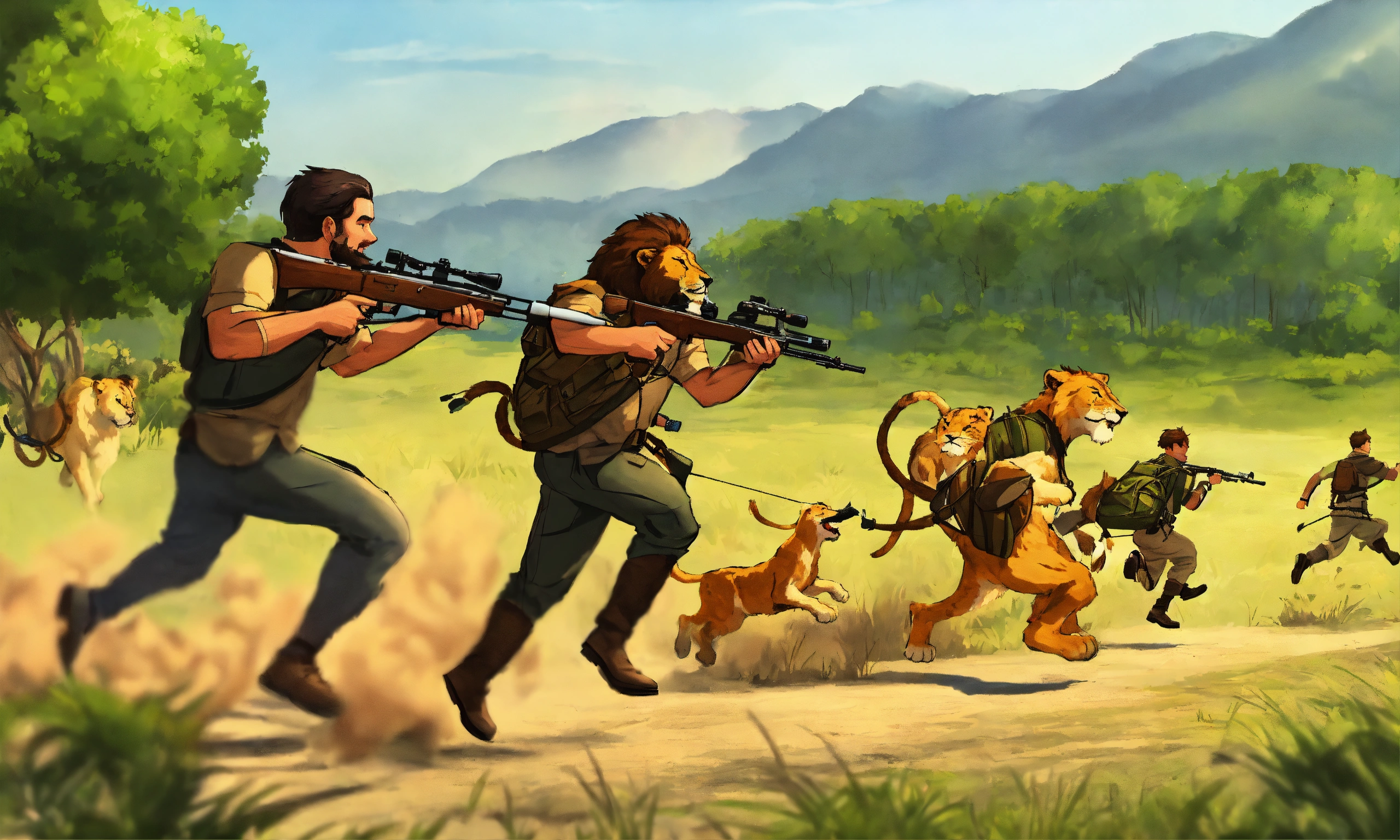 Lexica - Cartoon men hunters are running and lions are running from ...