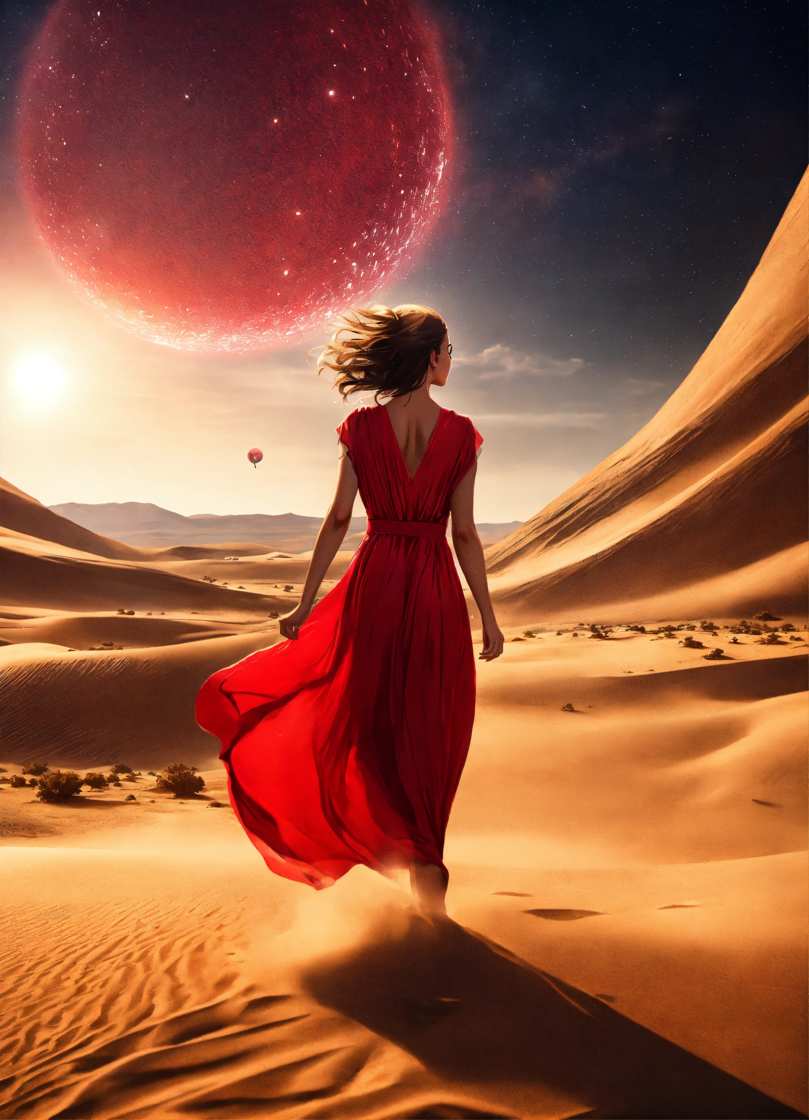 Lexica - Woman running through a sahara place in a long red dress ...