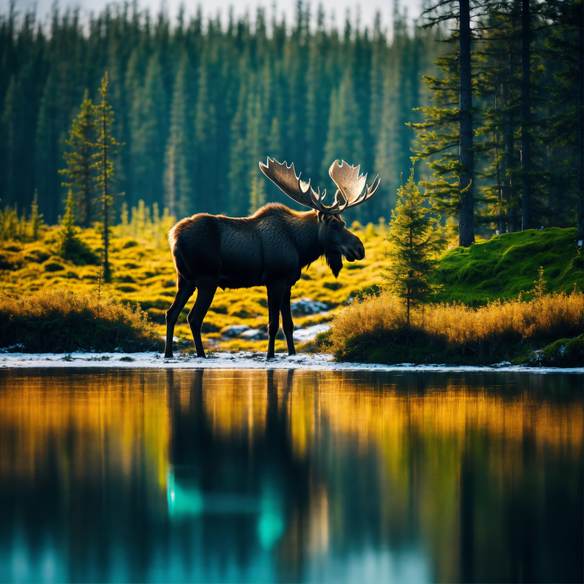Lexica - Medium close-up, Minimal, cinematic, a moose among the trees ...