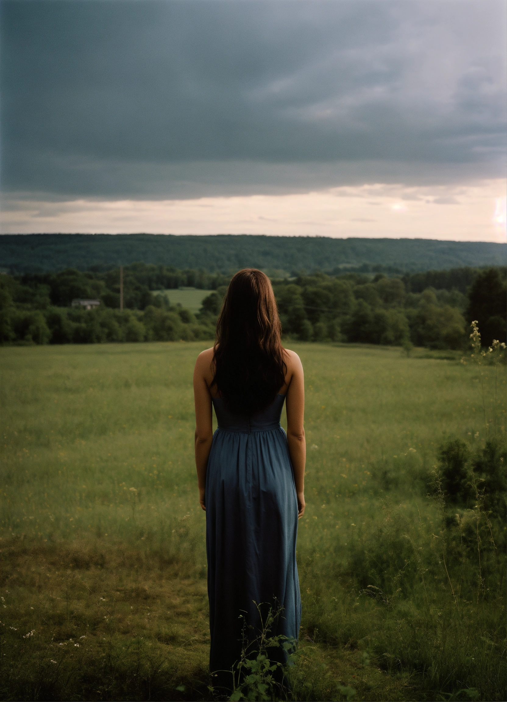 Lexica - A woman with long brown hair standing in a field, rear view ...