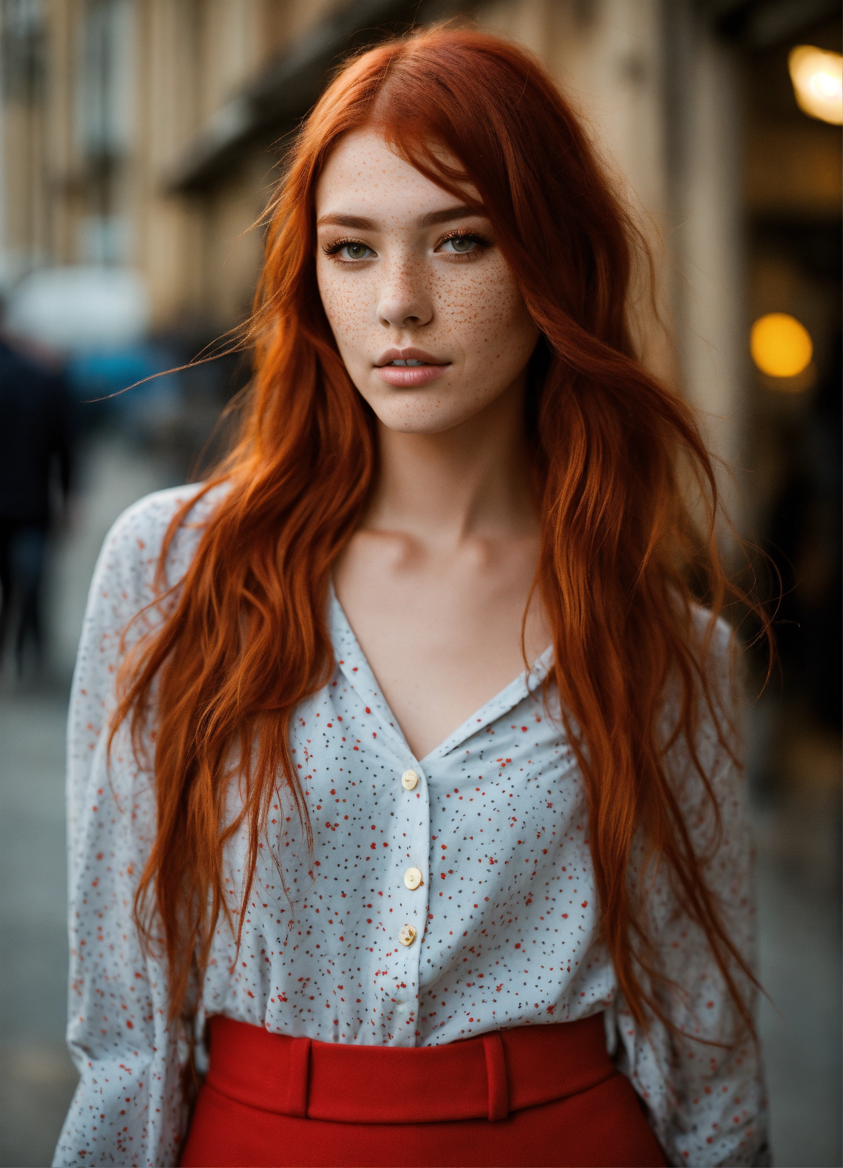 Lexica - Fashion model, red hair, freckles, Street photography