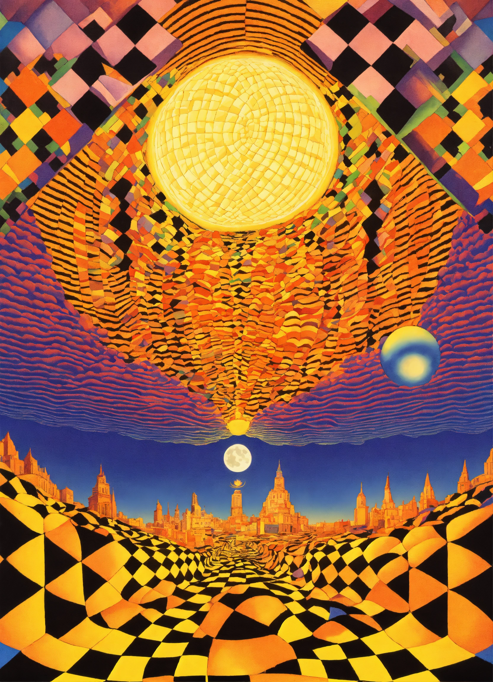 Lexica Sun merging into moon, psychedelic, the four corners of the