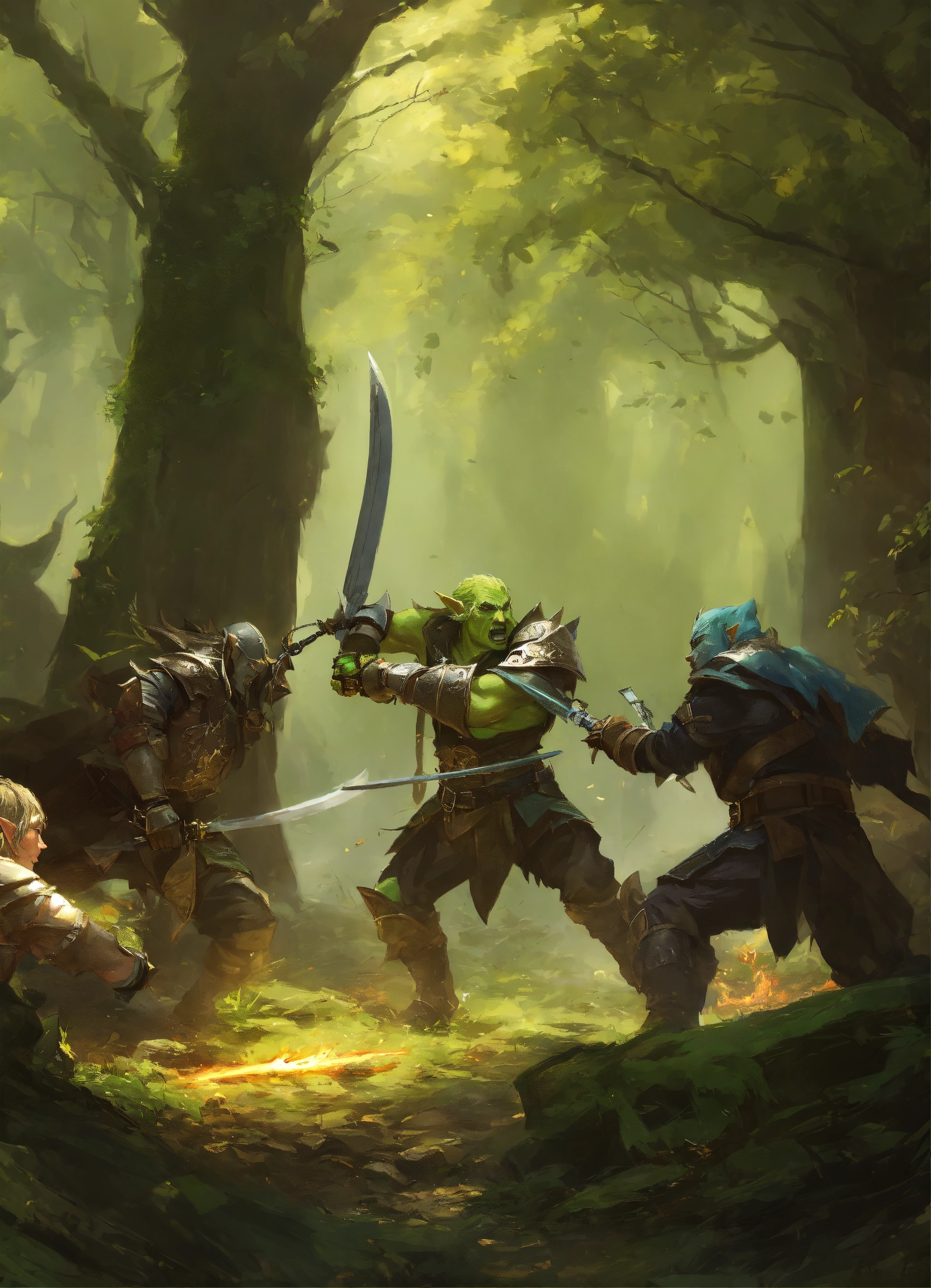 Lexica - One elf fights hand to hand combat with two orcs in a forest ...