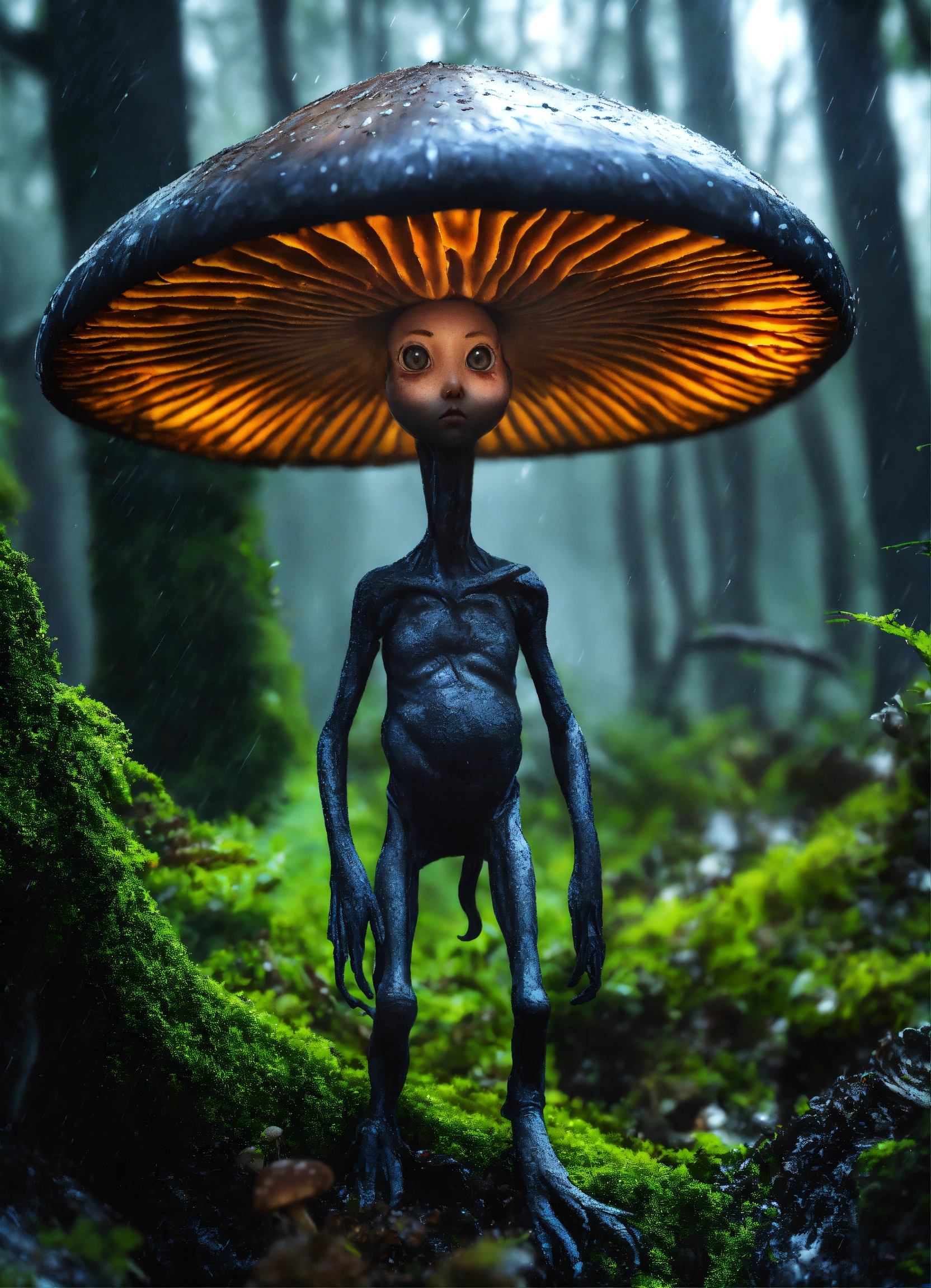 Lexica - A realiste grey alien , big eyes blacks , mushrooms in trees ...