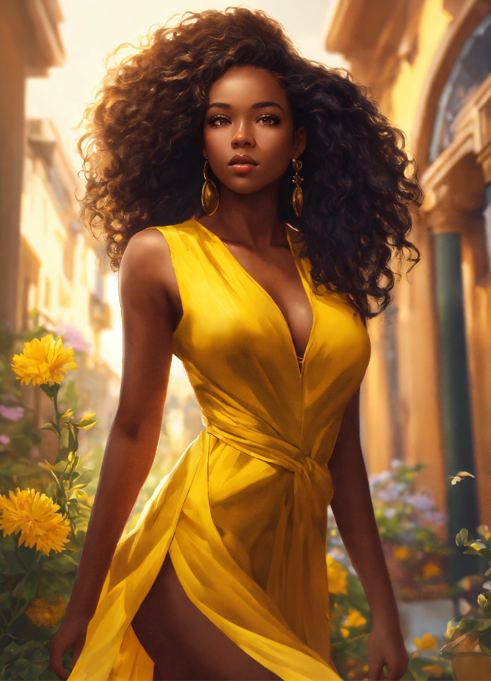 Lexica - Full body photo of a beautiful black girl with long hair  hour-glass figure, a yellow summer dress, realistic, professional,  professionally c...