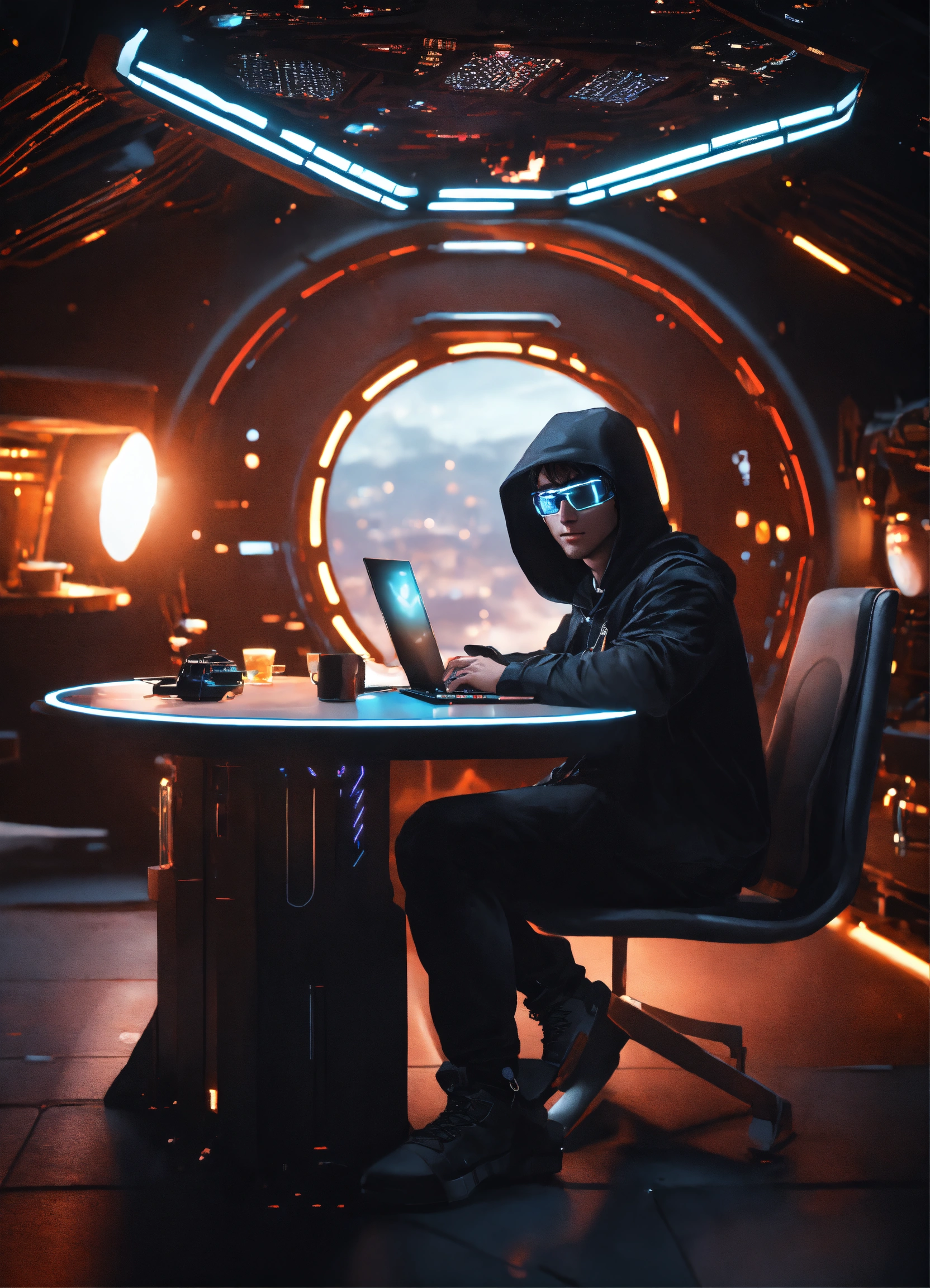 Lexica - Nerdy 25 year old male hacker wearing futuristic black cloak ...