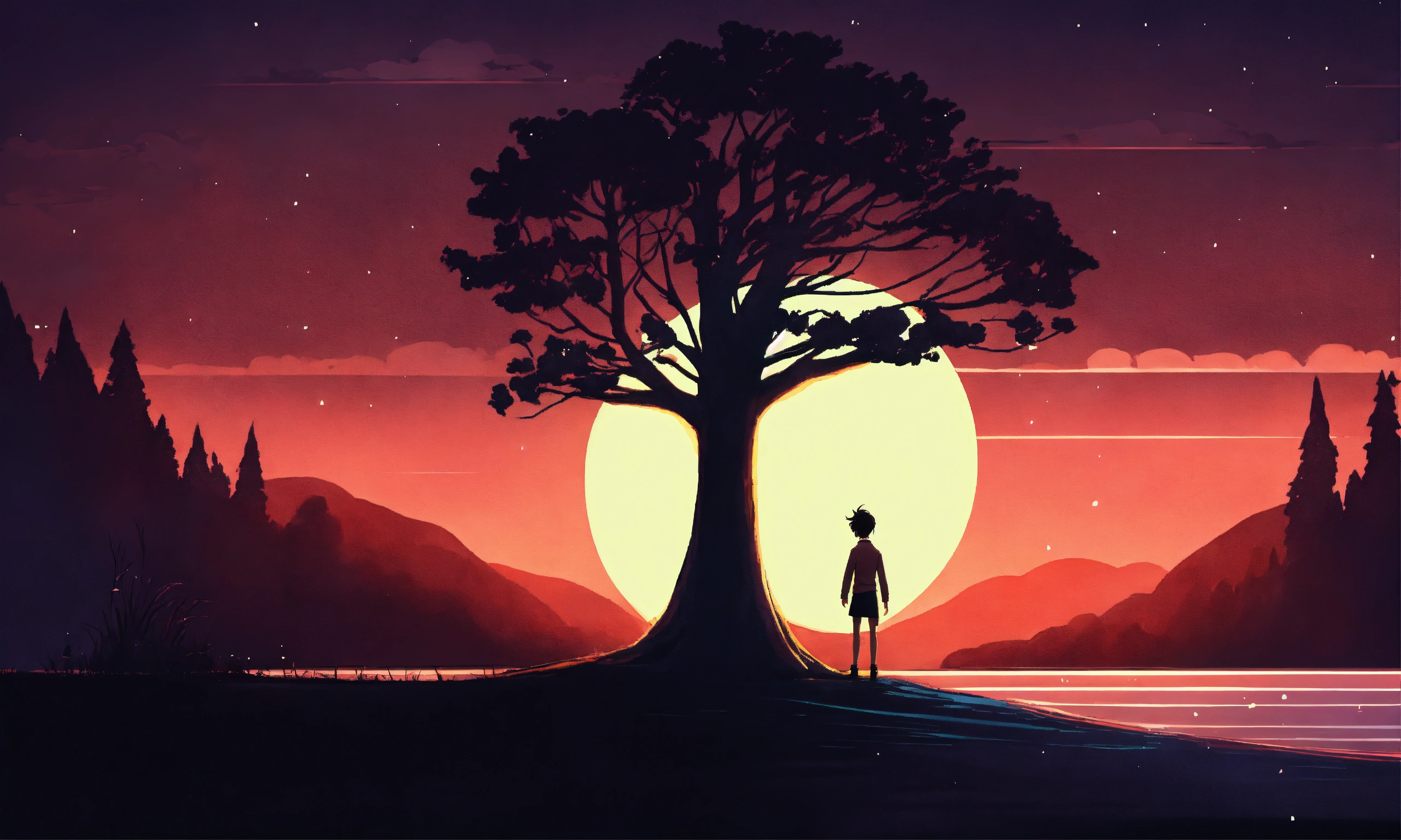 Lexica - A dark tree waved at the main character at night, style of 2D ...
