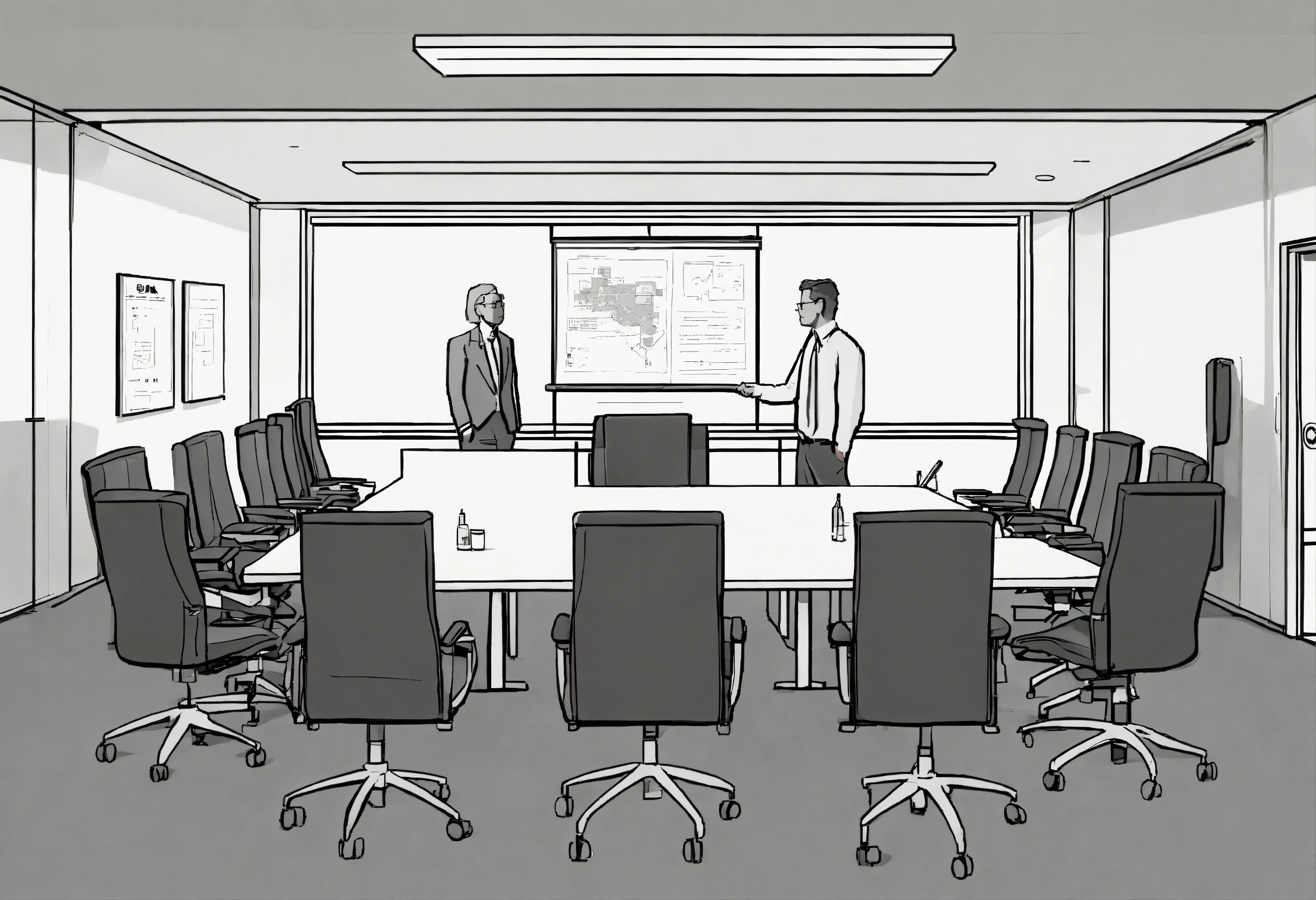 Lexica - Detailed line drawing of a conference room. there are two ...