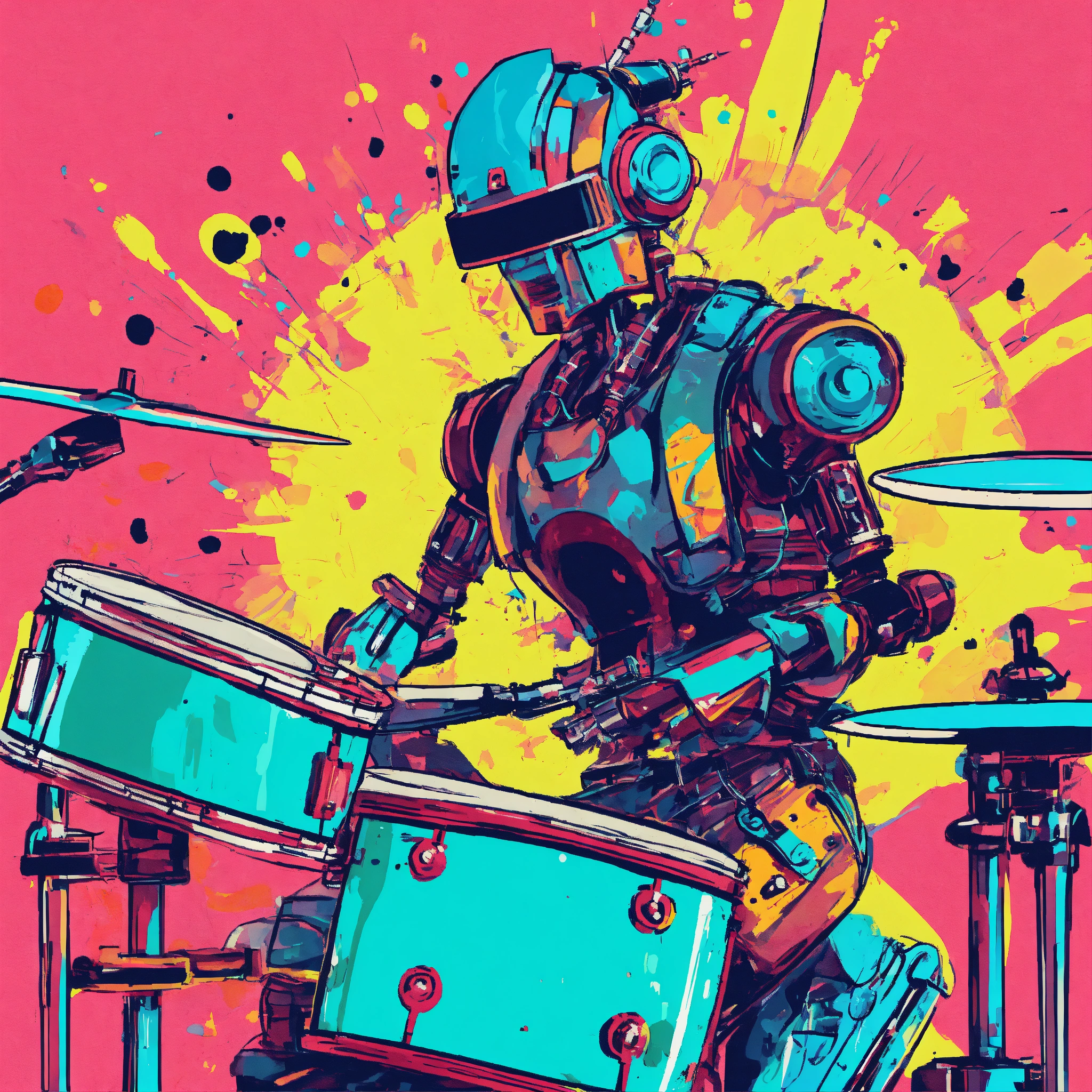 Lexica - Punk rocker as a robot playing the drums, abstract illustration