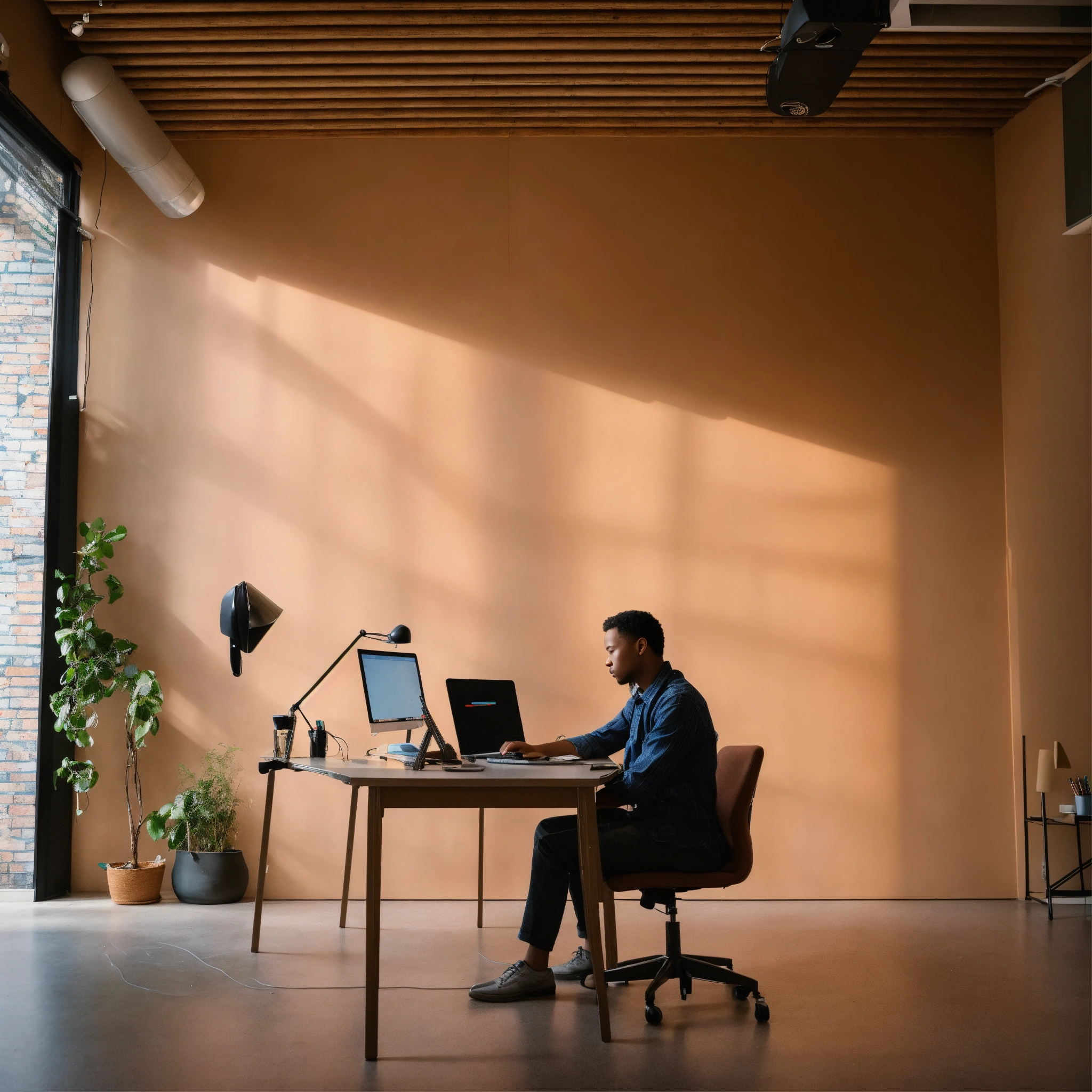 Lexica - A photo of a person sitting at a desk with a computer. The ...