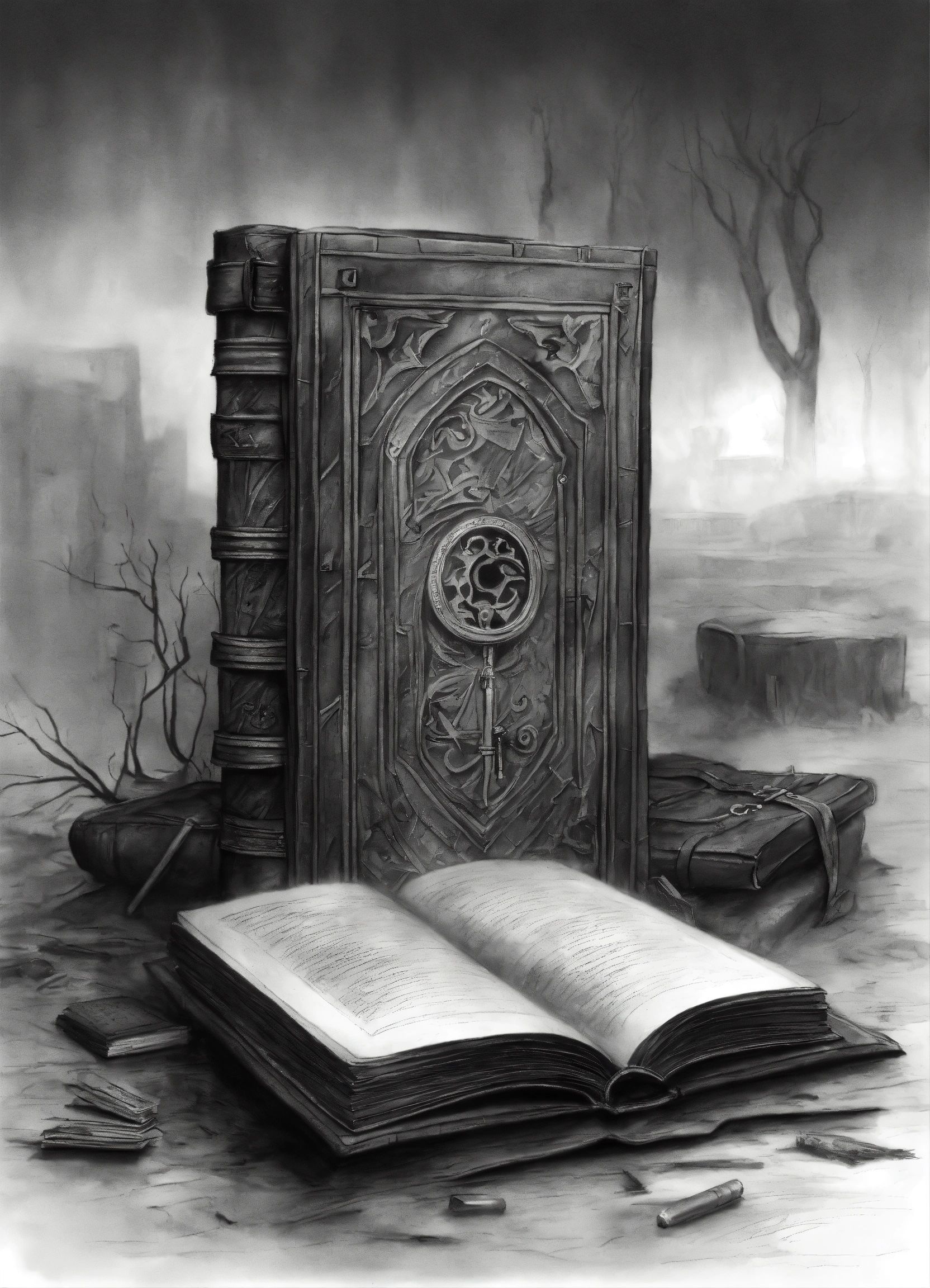 Lexica - A pencil sketch of a foggy scene depicting a cursed, ruined ...