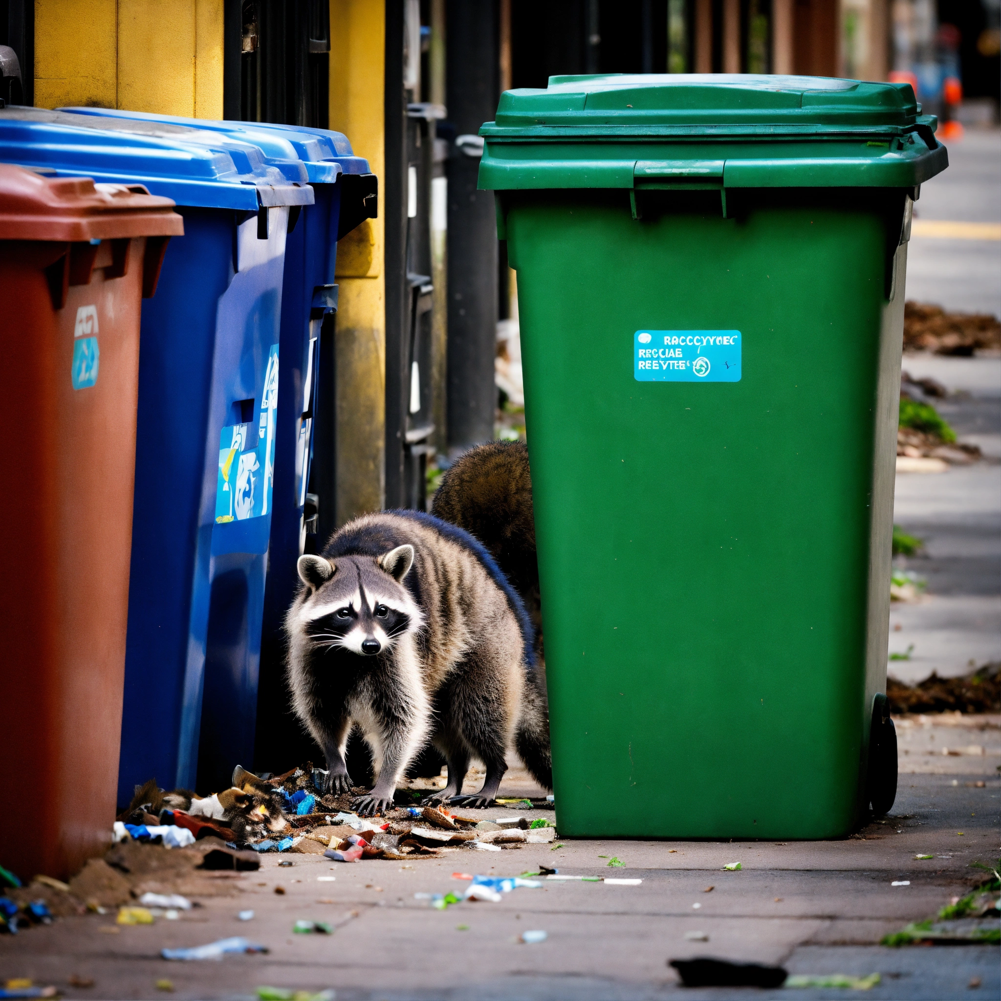 Lexica - A photograph of a raccoon digging through recycling bins, surreal