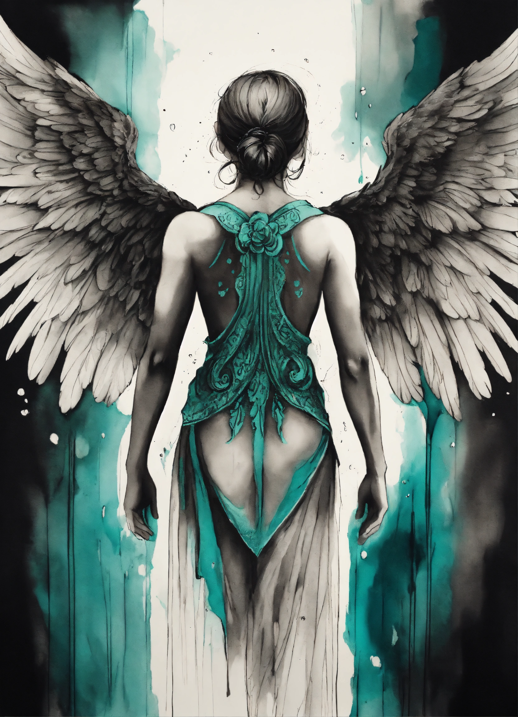 Lexica - INK DRAWING MYSTICAL and magical biblical Angel from the back ...