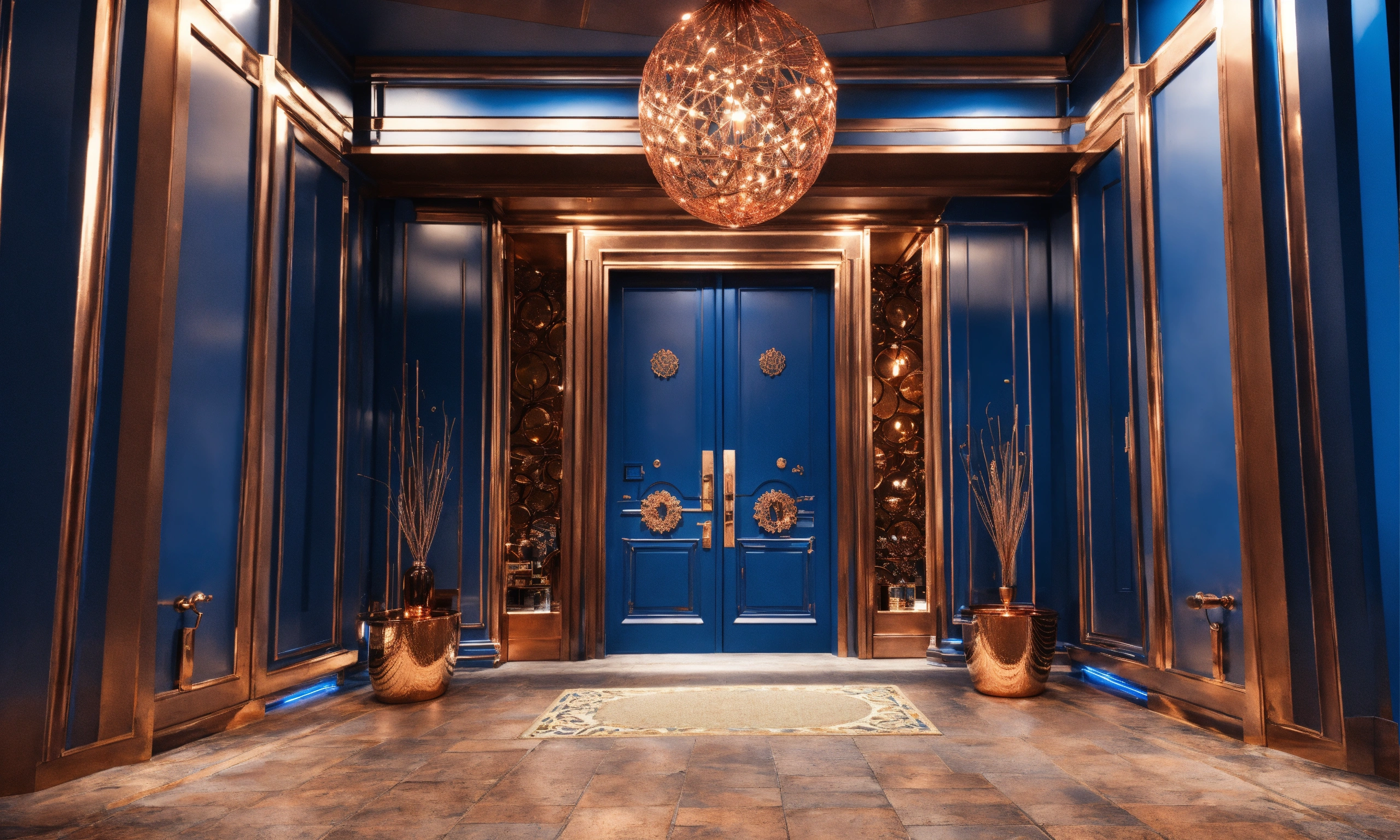 Lexica - Captivating entry with blue and copper installations