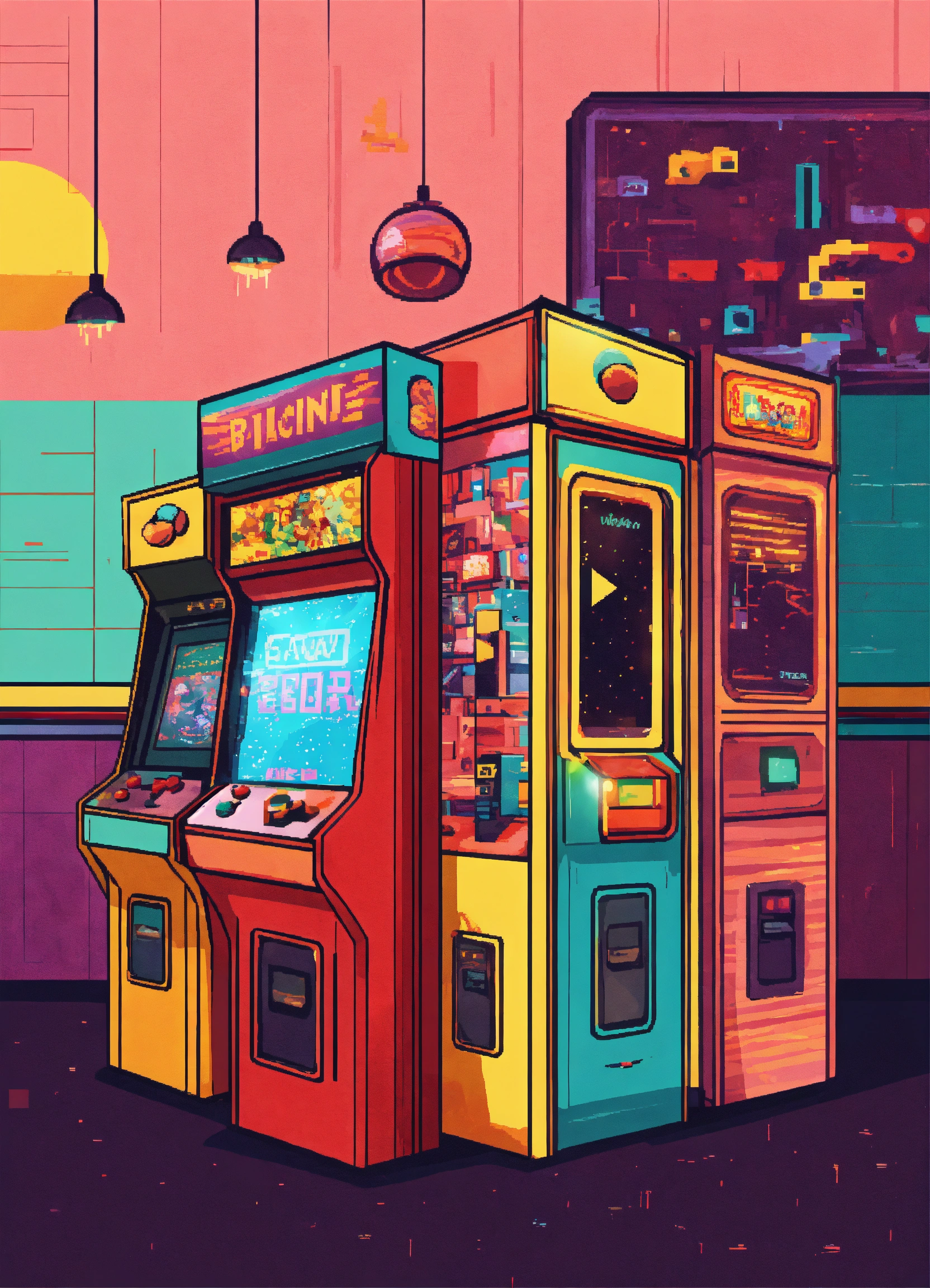 Lexica - A whimsical illustration of a retro arcade, with colorful ...