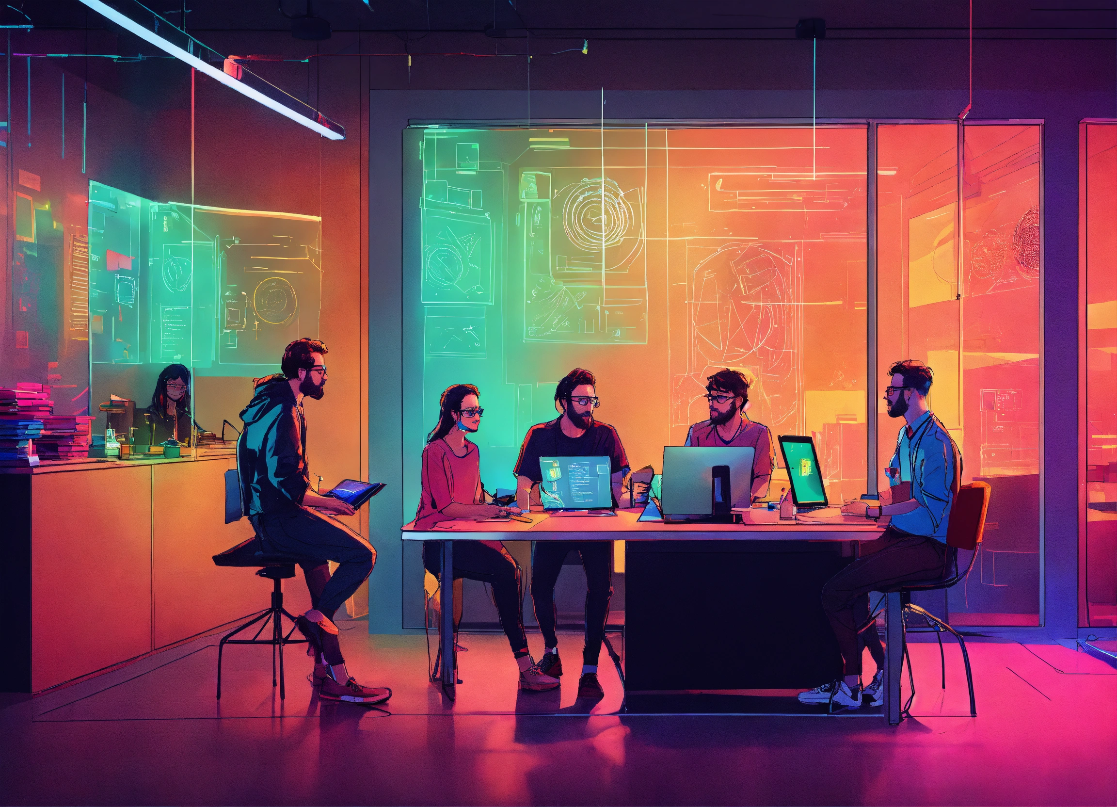 Lexica - Team of web developers (with woman too) talking about how a ...