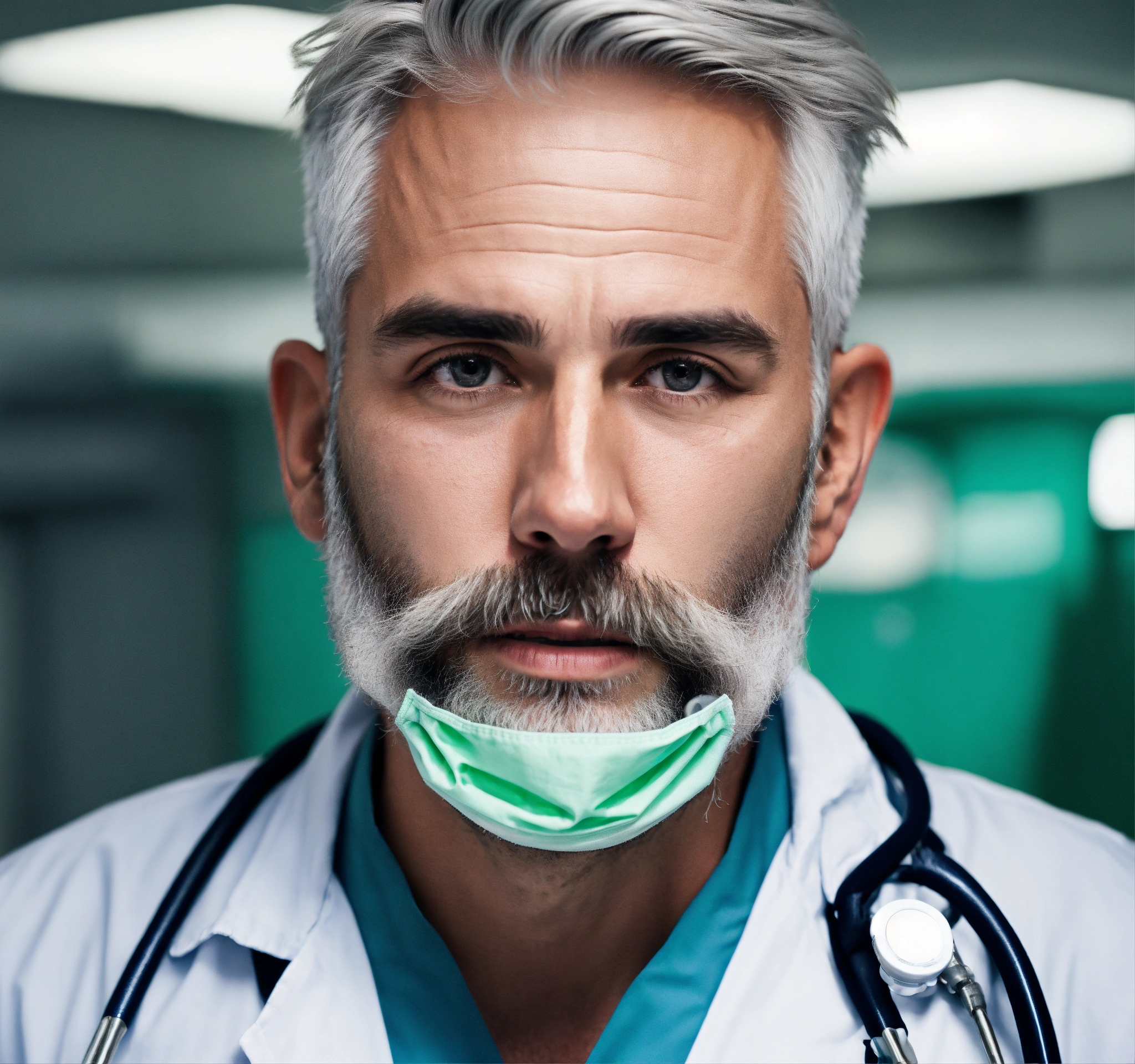 Lexica - Hospital paramedic man with gray hair, and thin beard ripped ...