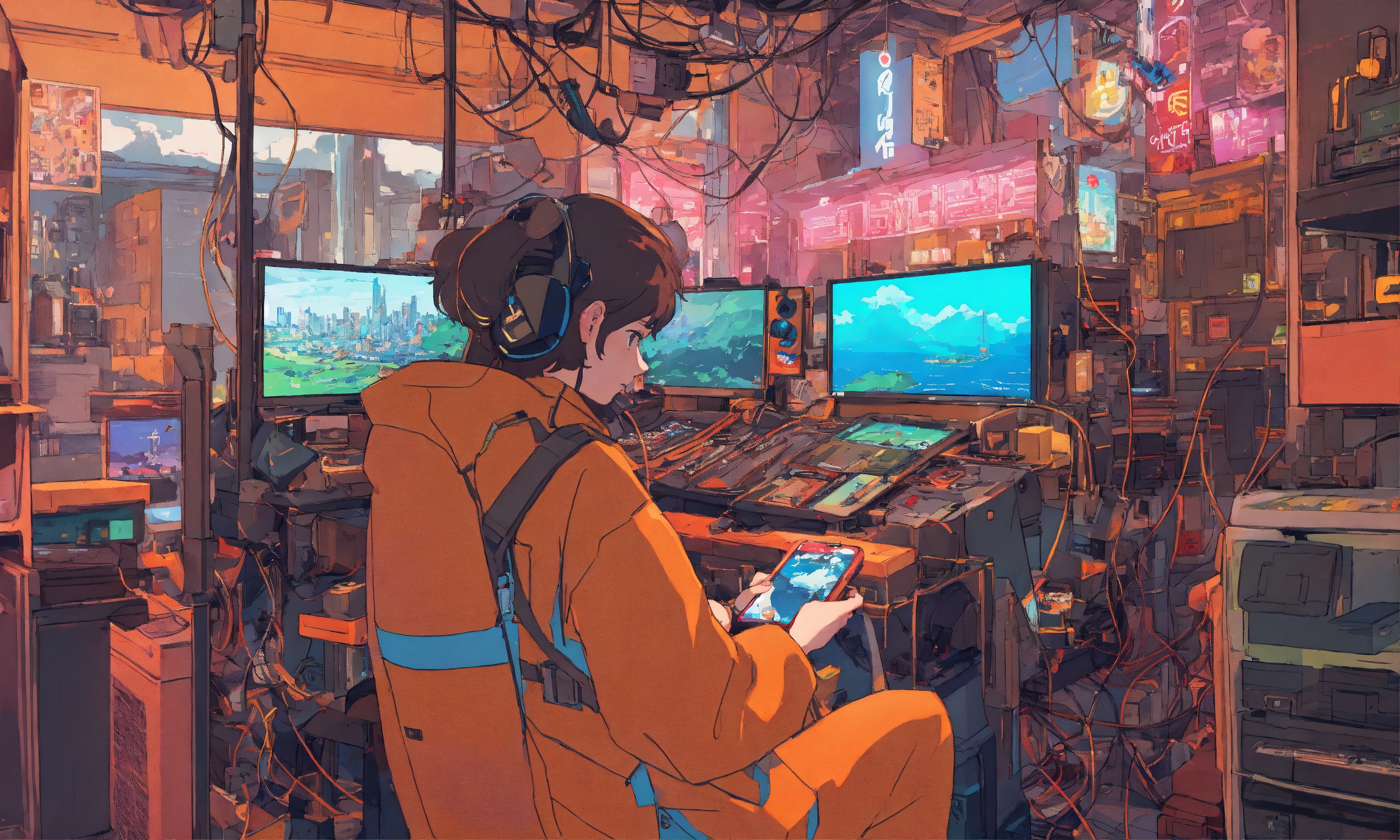 Lexica - Photo of a character playing mobile game on phone, robot city ...