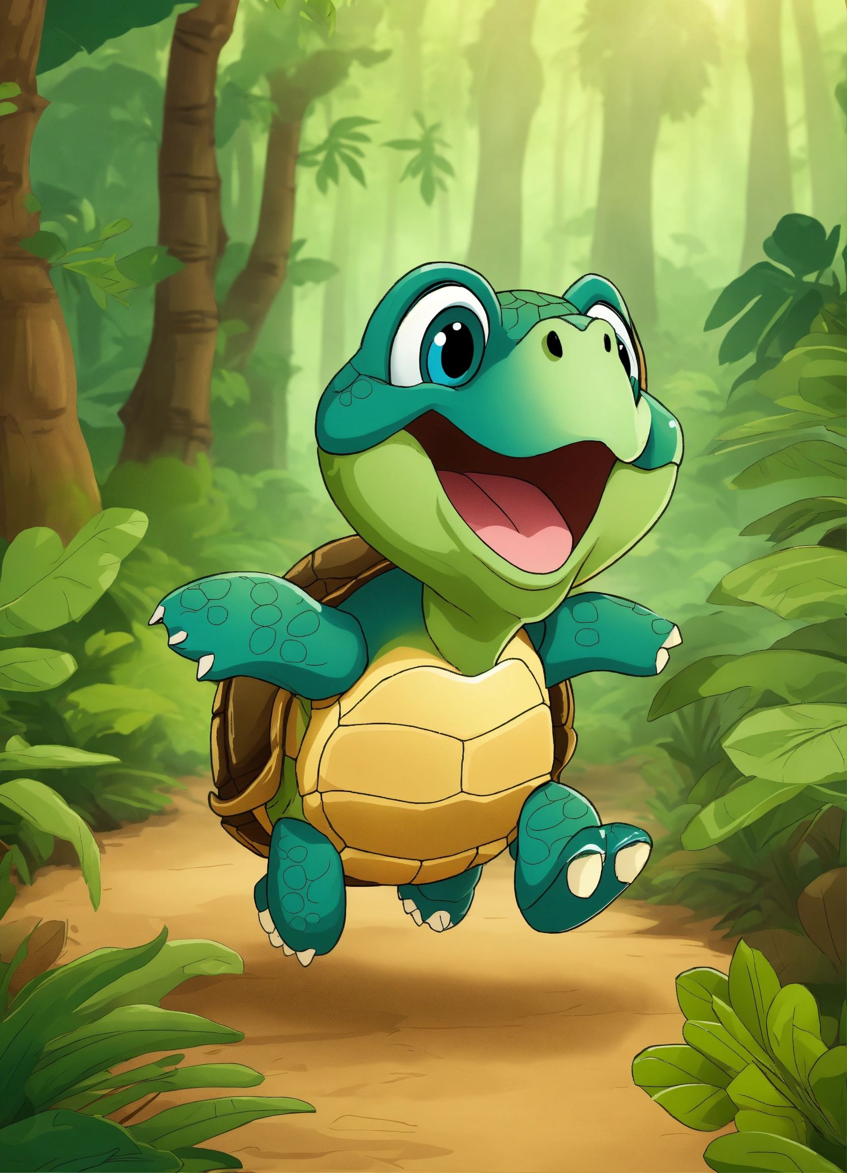 Lexica - Cartoon cute turtle running in jungle