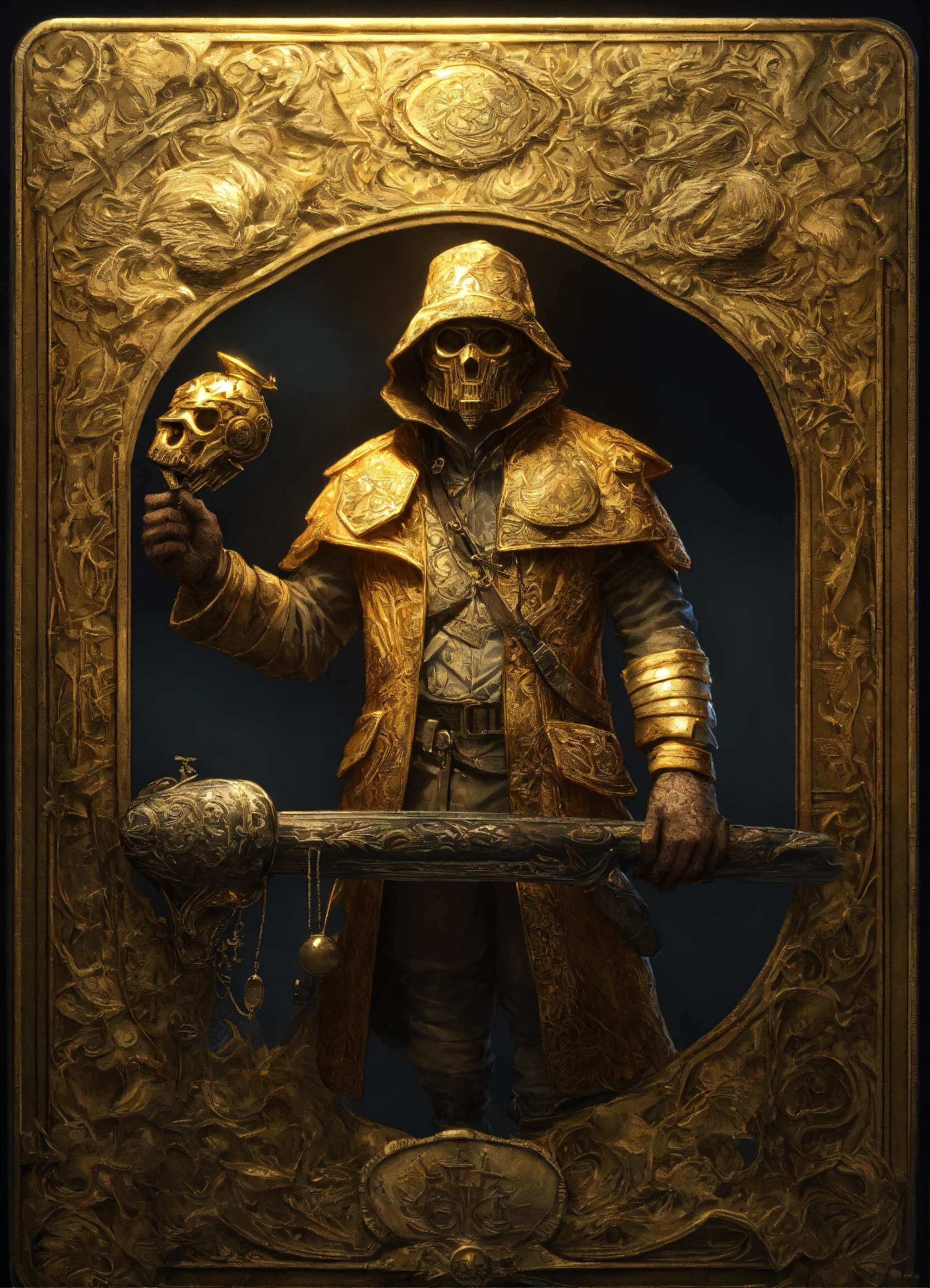 Lexica - Golden card of a haunting trapper-cremator, highly detailed ...