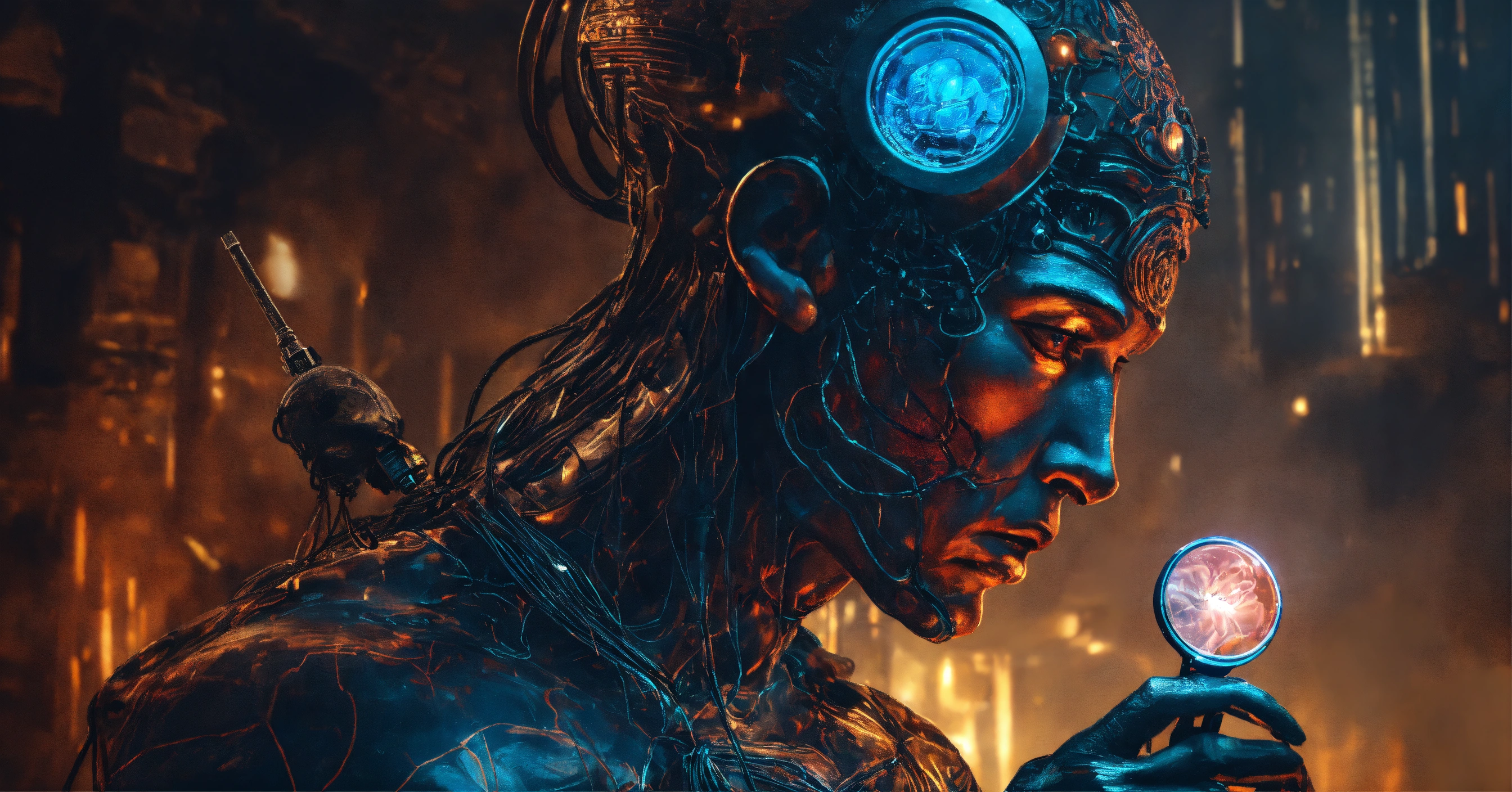 Lexica - Evil demonic AI god holding a magnifying glass above a human ...