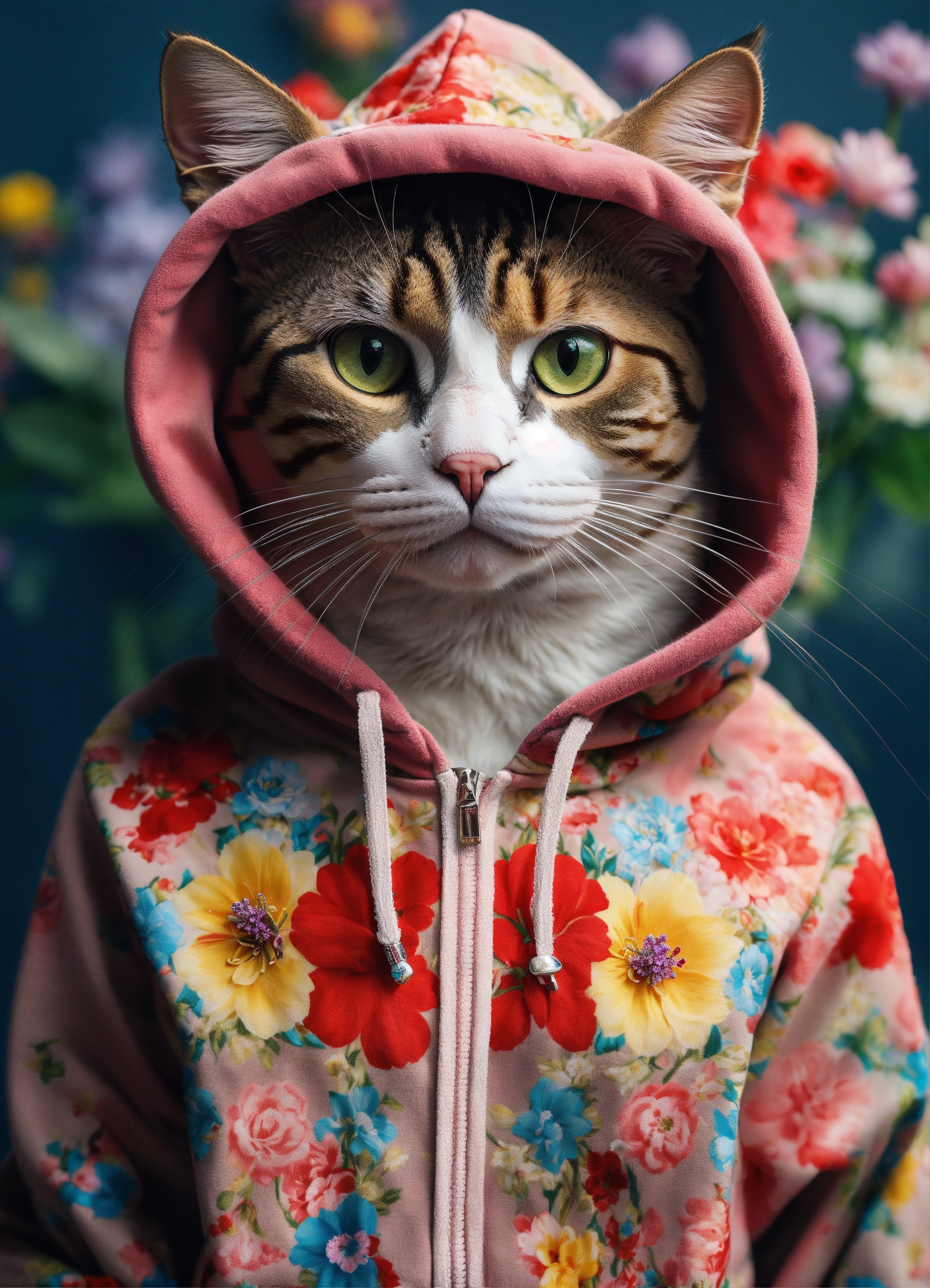 Lexica - Cat wearing embellished hoodie with flowers, 4k