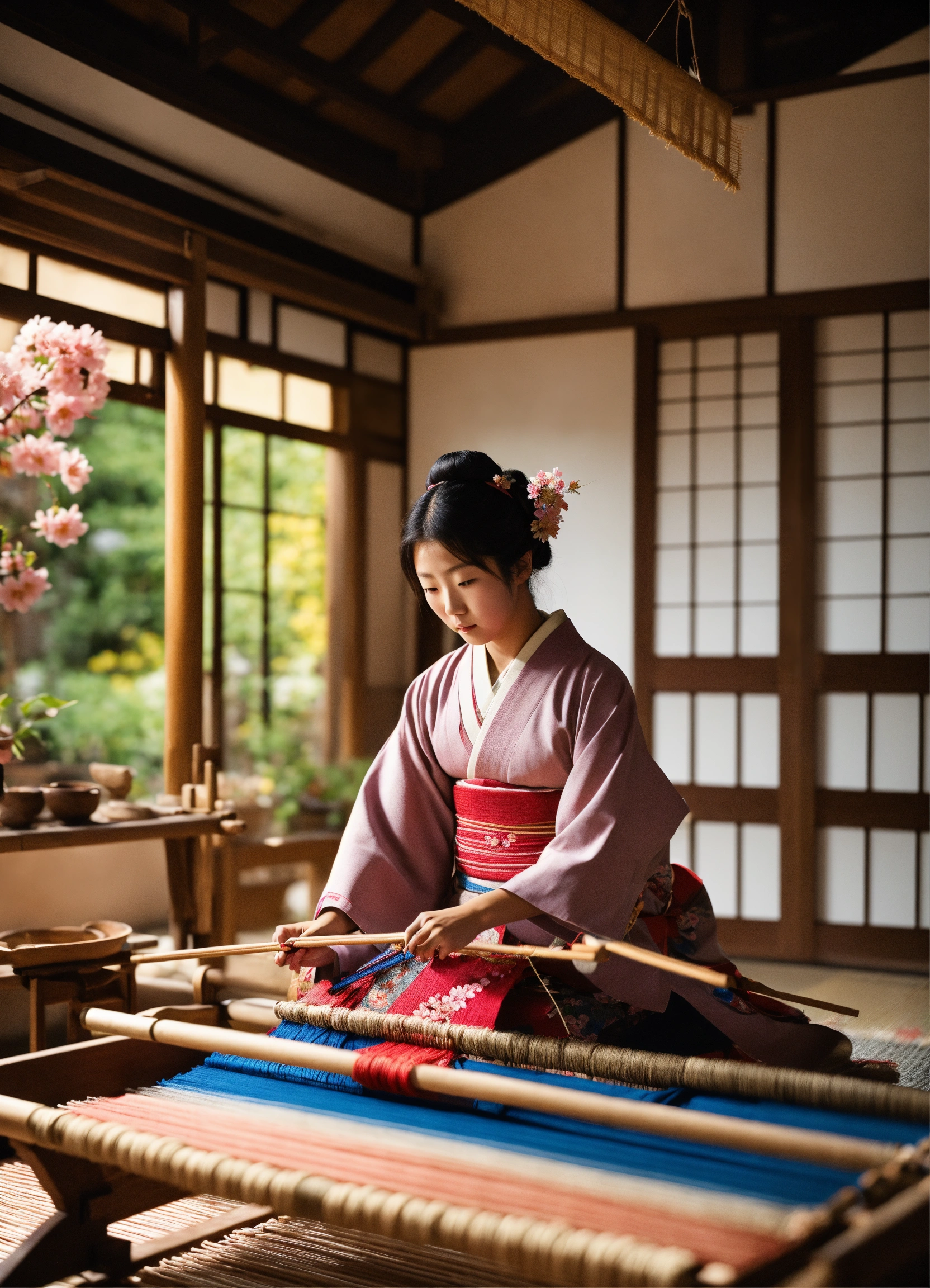 Lexica - 8k image of young Sakura, a Japanese woman, weaving her carpet ...