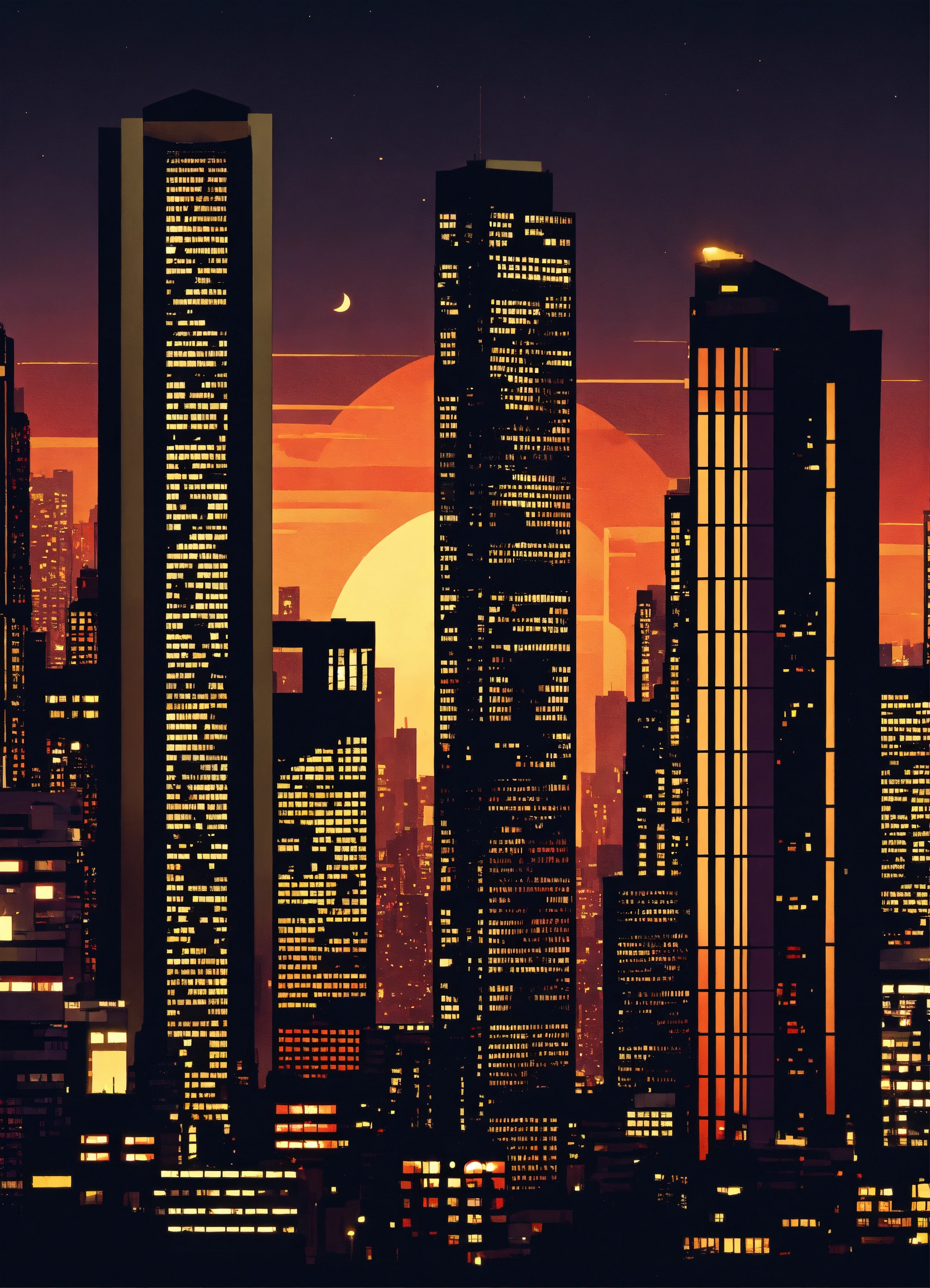 Lexica - Metropolis with tall buildings with night lighting, vector
