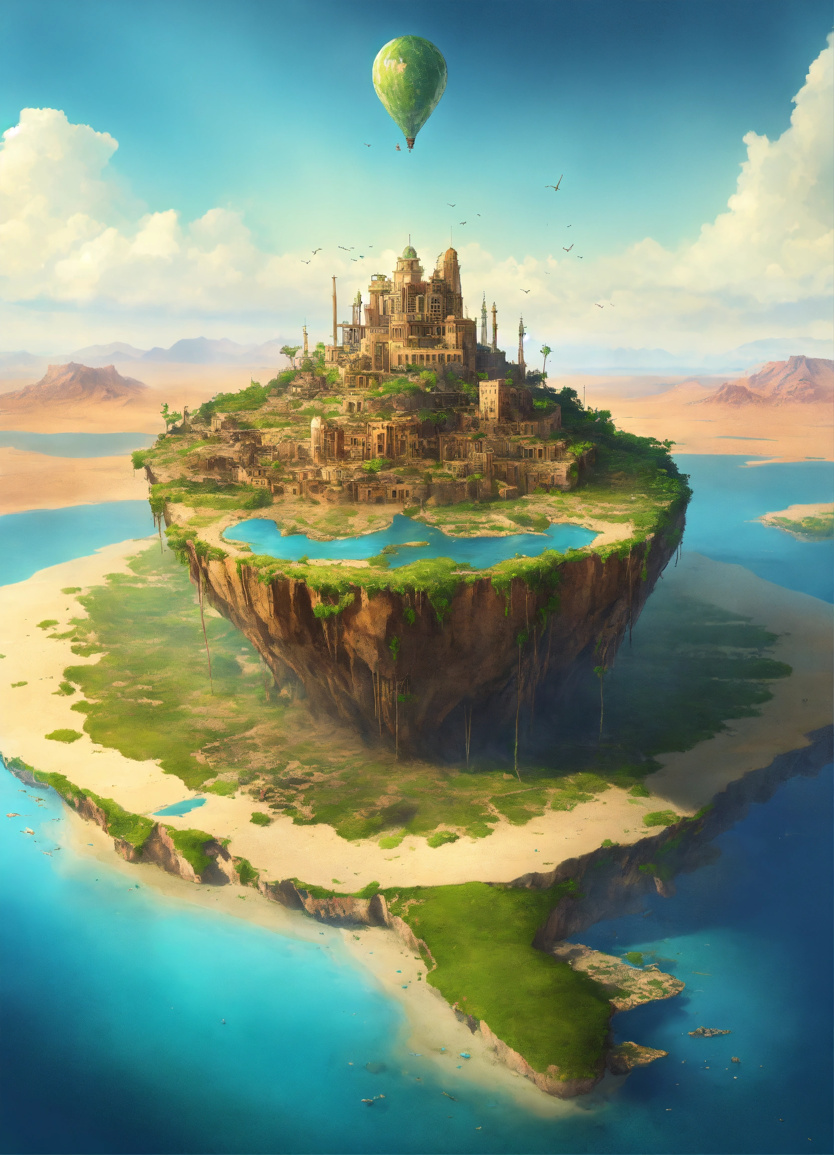 Lexica - A flying island with a city on top in the middle of the desert ...