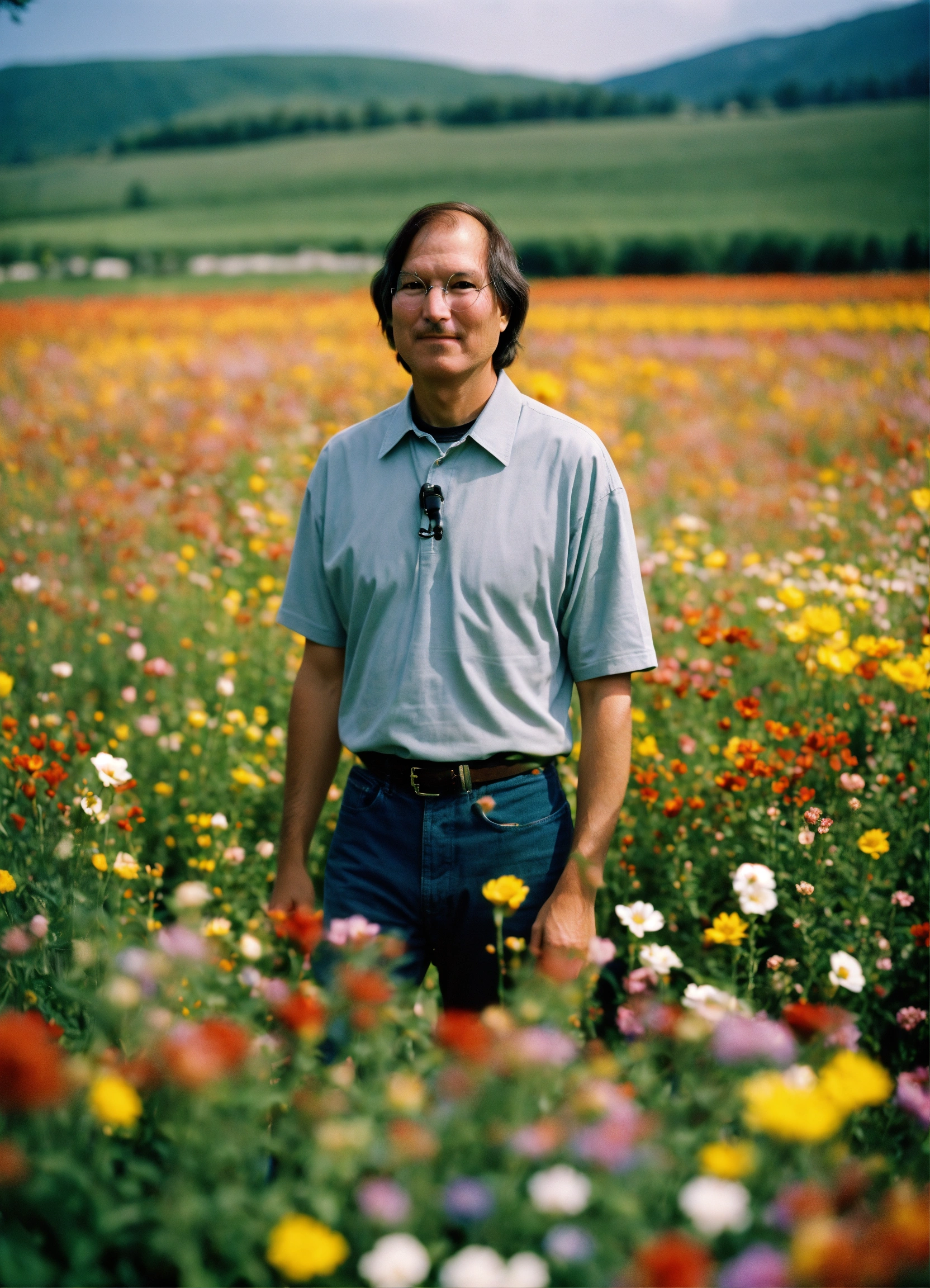 Lexica - Happy Steve Jobs standing in a beautiful field of flowers