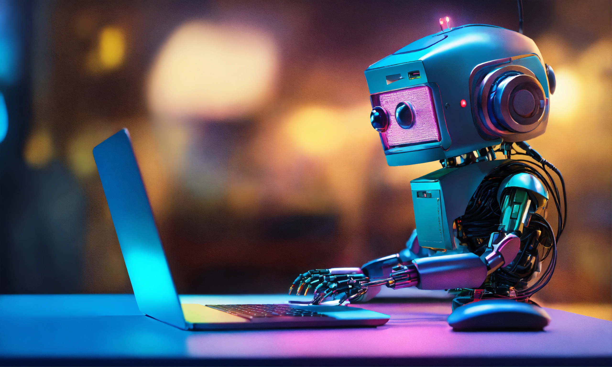 Lexica - Cute robot creature typing on a laptop, 4 cables connected to ...