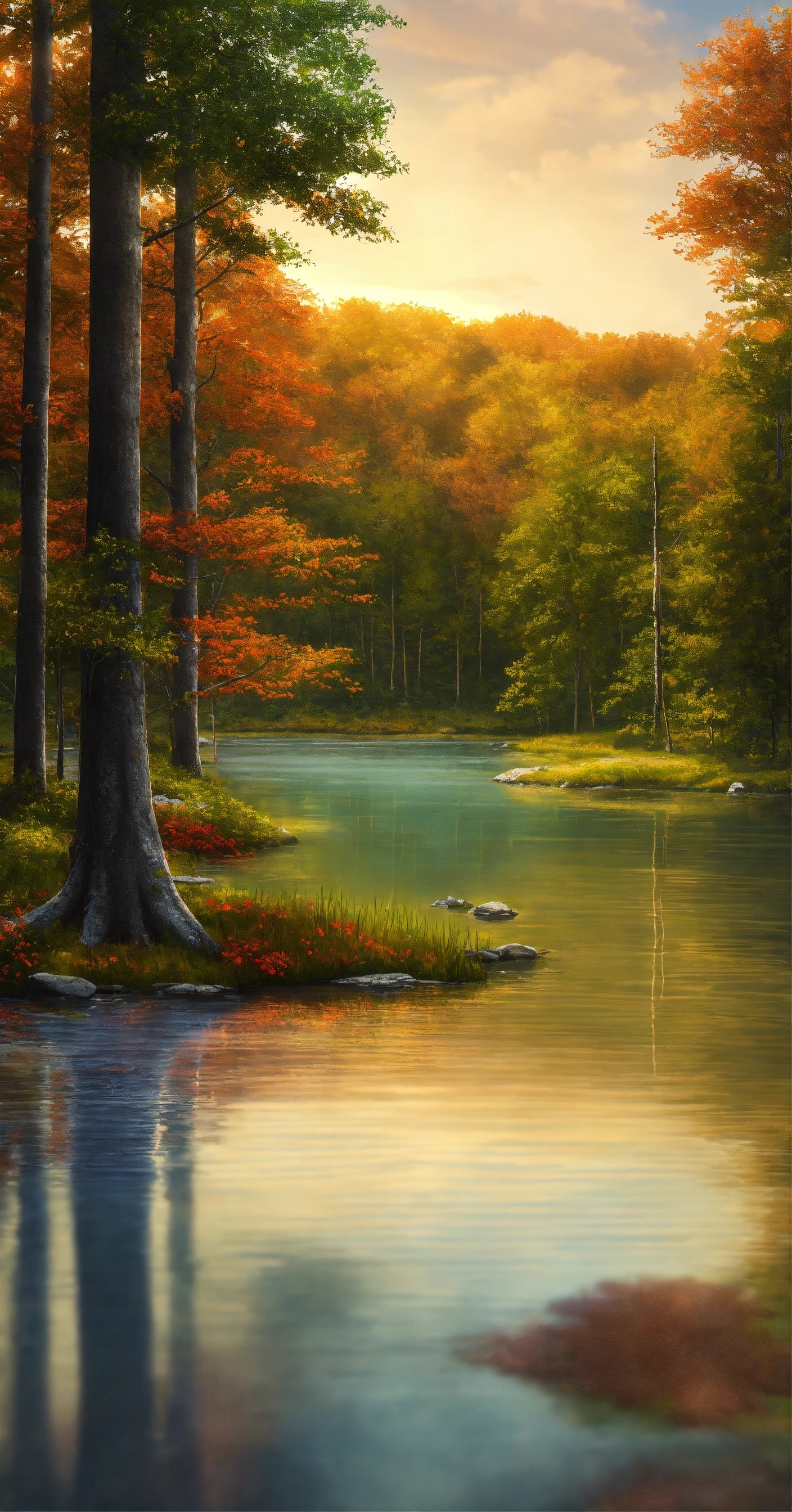Lexica - Illustrate a serene, peaceful forest lake. This scene inspires ...