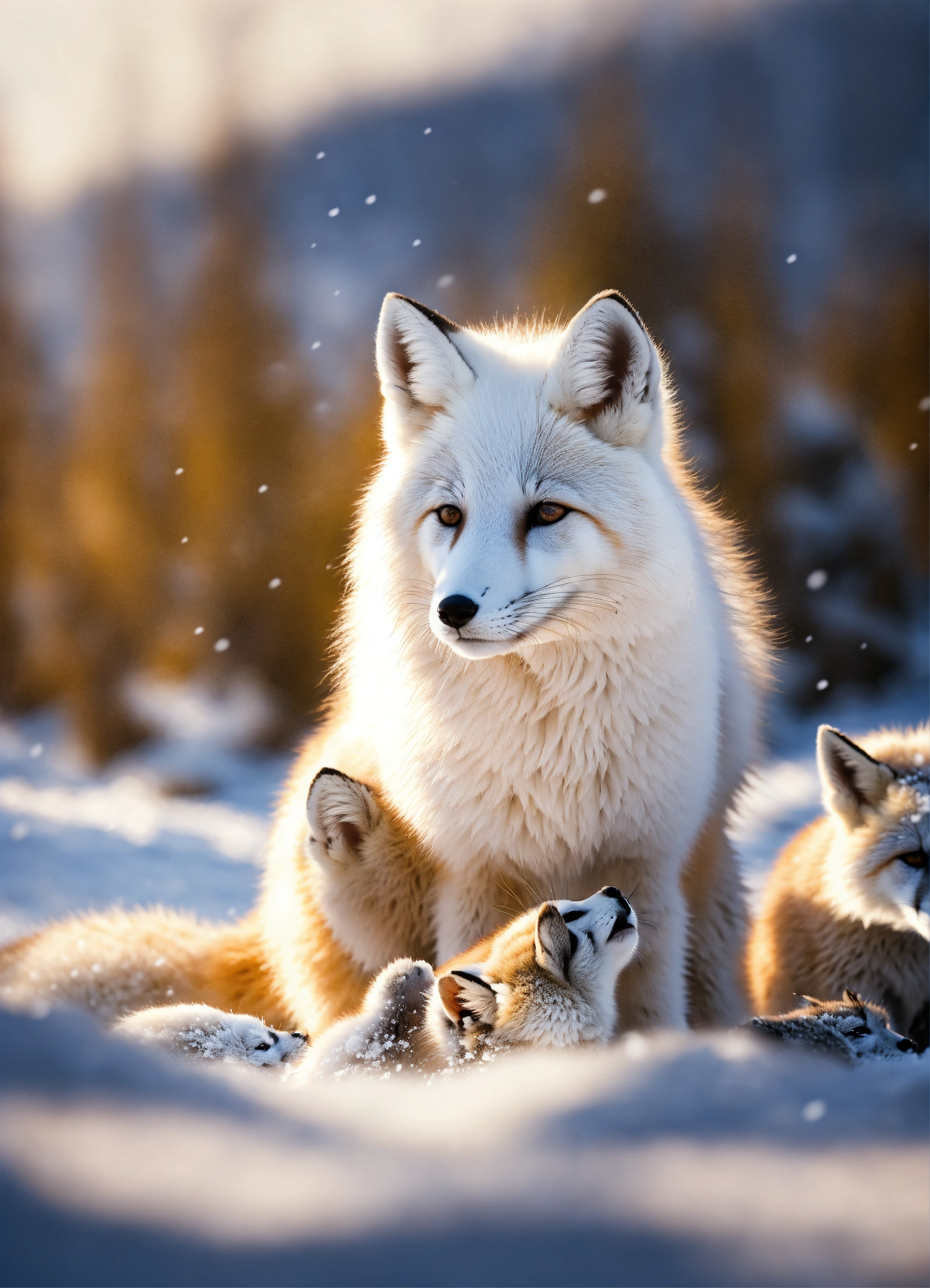 Lexica - Ultra realistic beautiful white fox with her cubs playing in ...