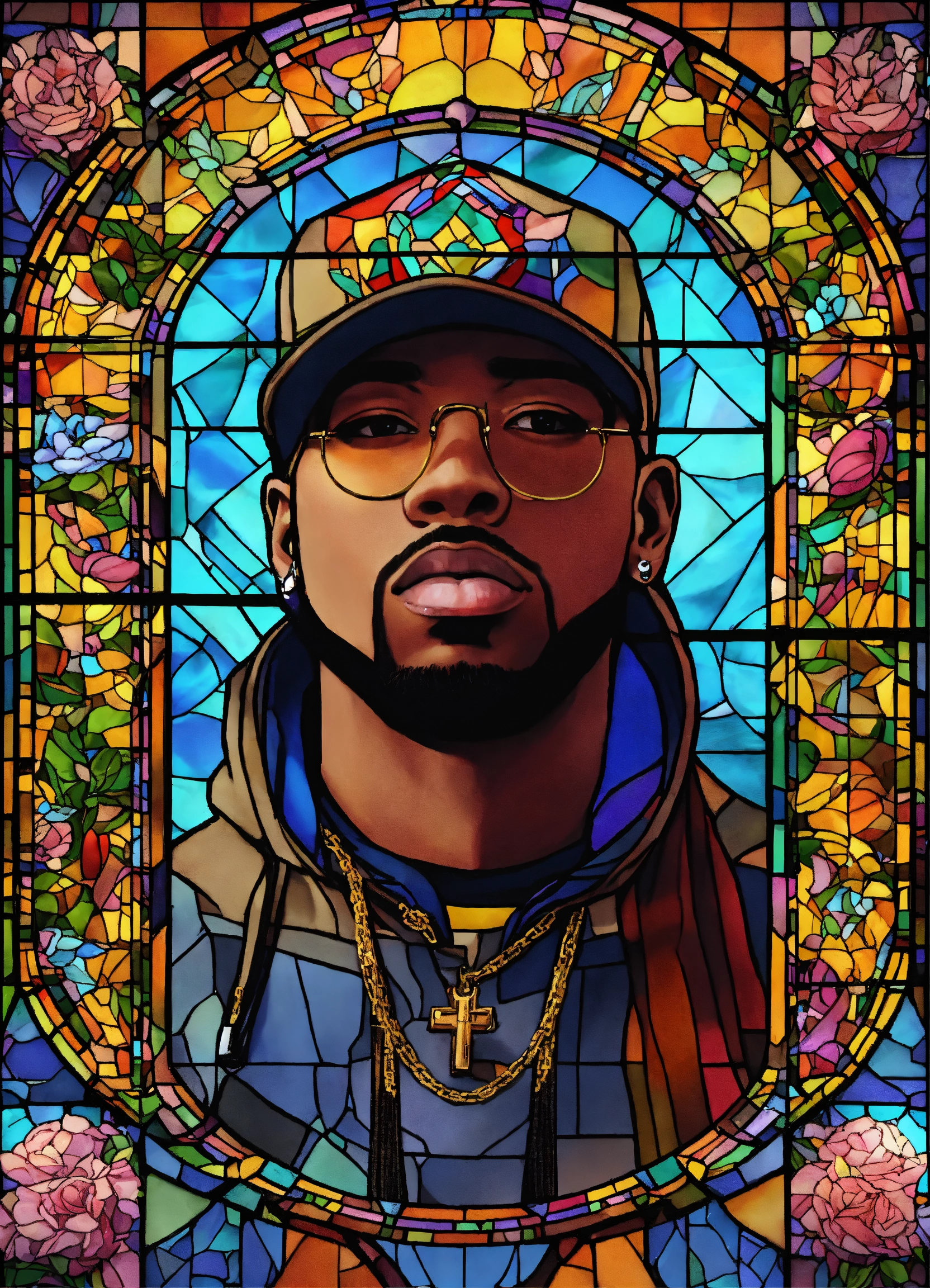 Lexica - HD, 4K, Background is a stained glass with images in the ...