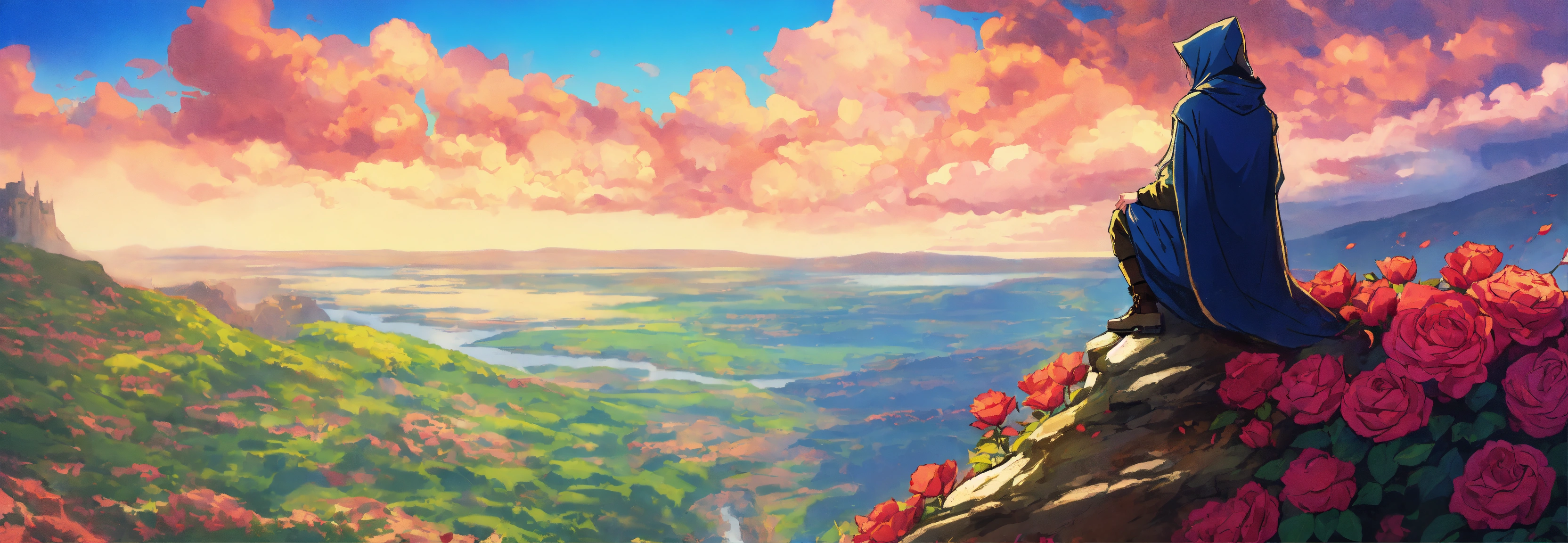Lexica - Small hooded mage on a cliff gazing over the kingdom of roses ...