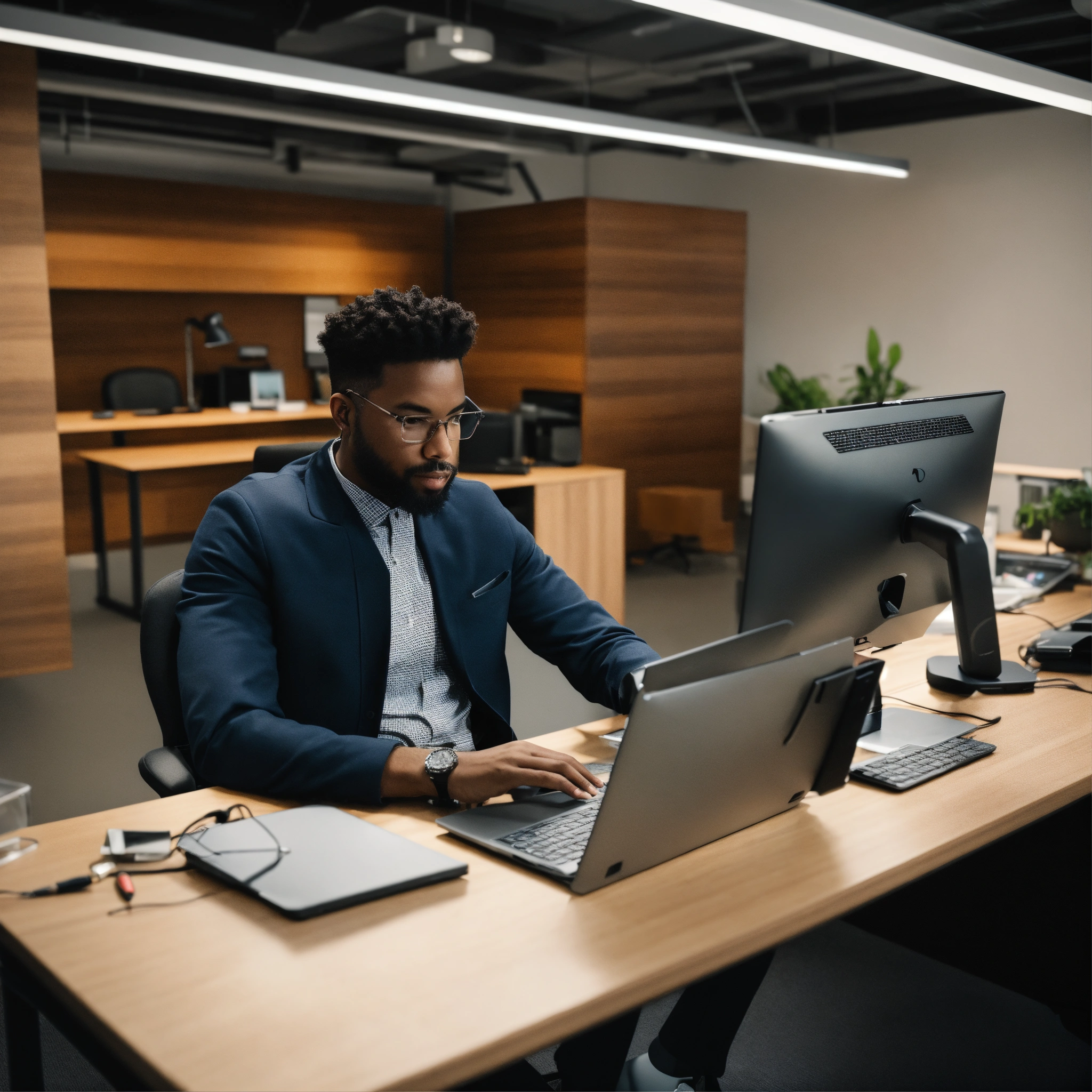 Lexica - A photo of a man sitting at a desk in a modern office. The man ...