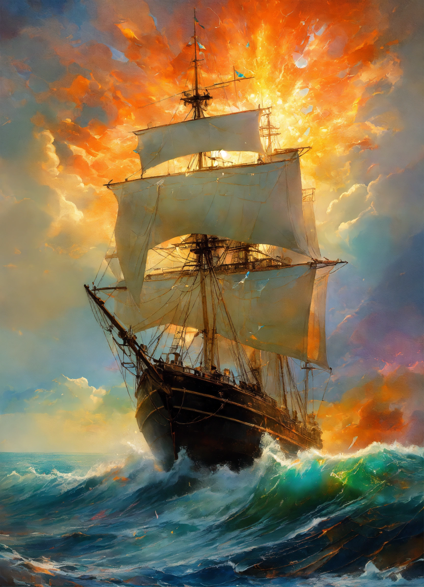 Lexica - Seascape, ship on the high seas, storm, high waves, colored ...