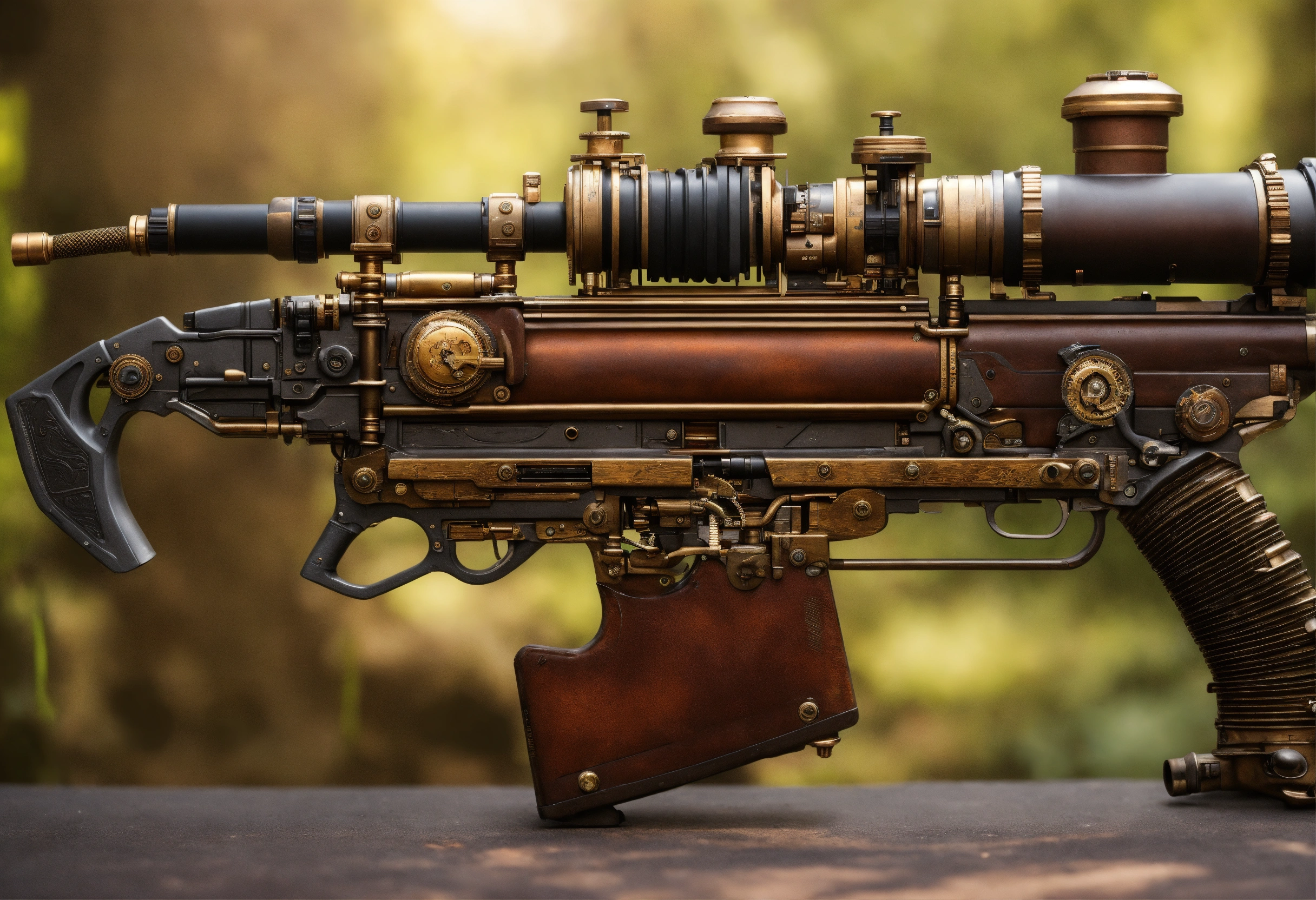 Lexica - Side view of the full image of a steampunk energy rifle