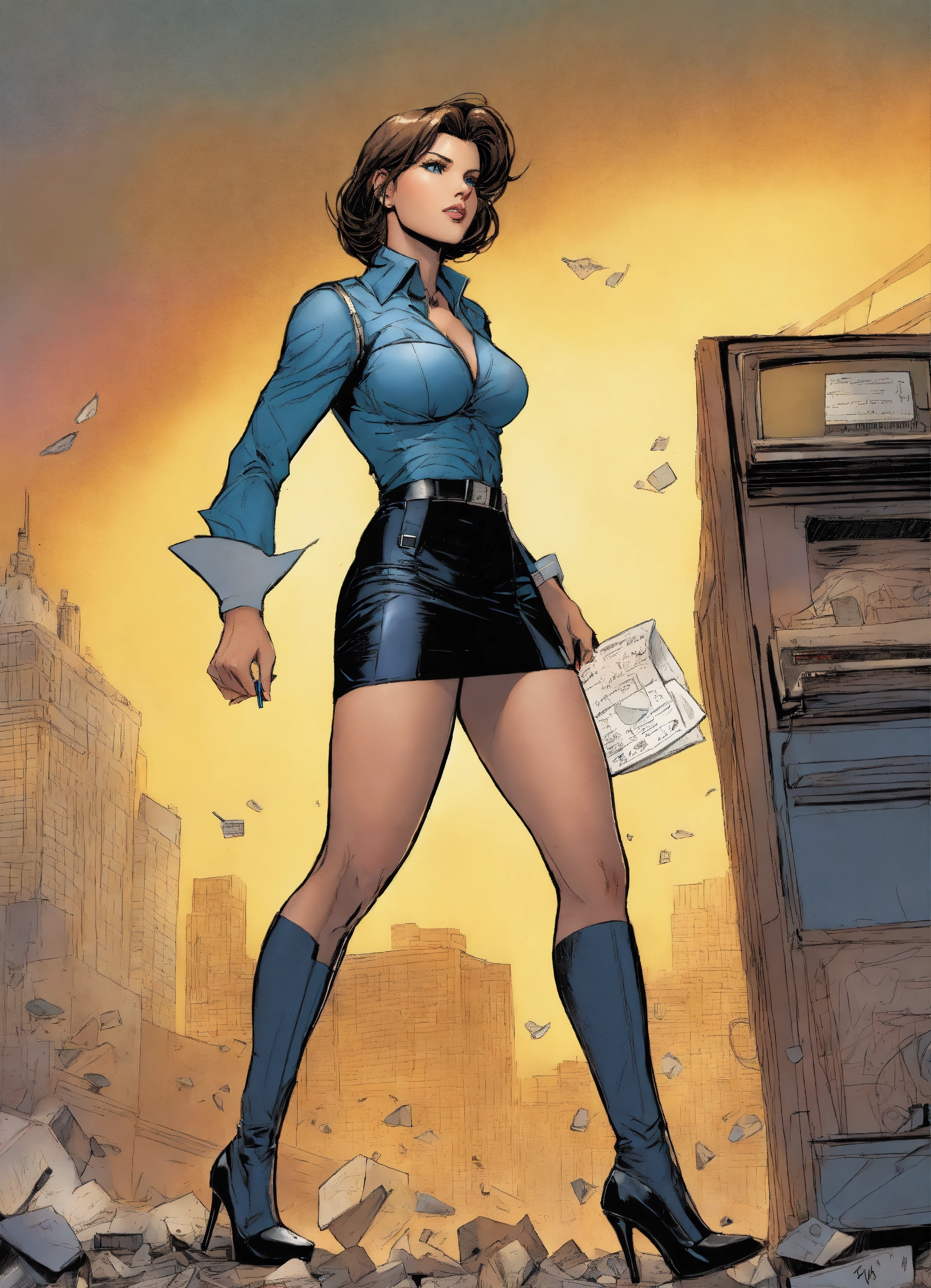 Lexica - Older Jill Valentine as Lois Lane as a reporter, wearing a pencil  skirt and stiletto high heels, art by Jim Lee, black man carrrying her  awa...