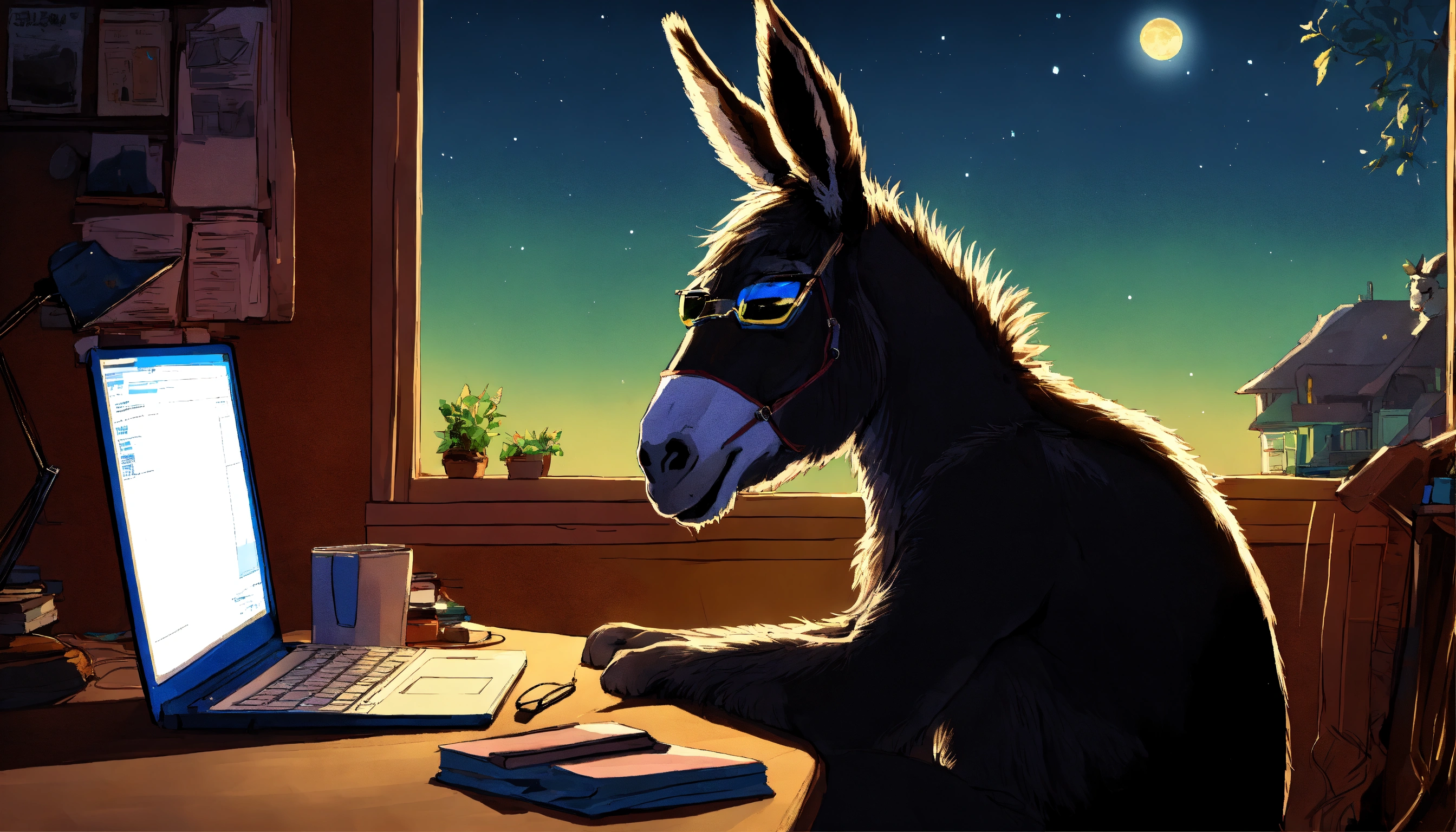 Lexica - A donkey with sunglasses black, at night, sitting at a desk ...