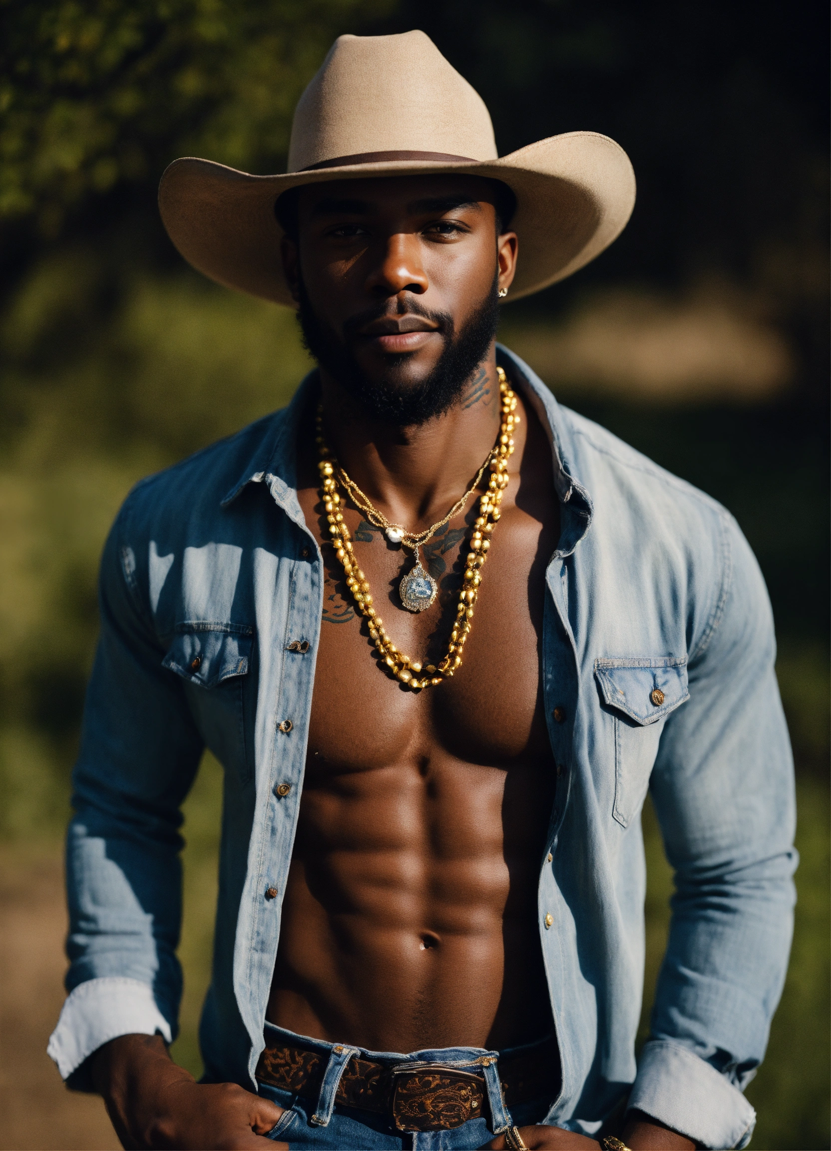 Lexica - Handsome black male, cowboy, low beard, light eyes, chocolate  skin, tattoos, jean shirt