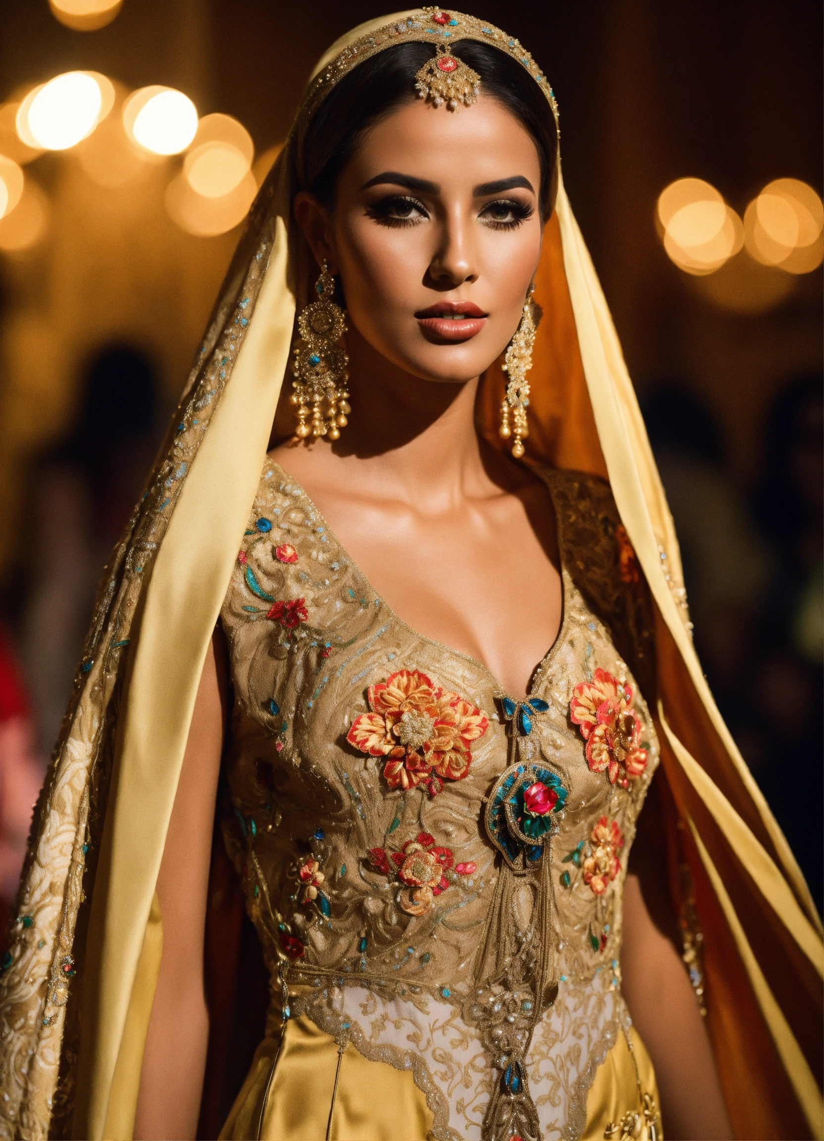 Lexica - Beautiful Arab women blond, wearing traditional Moroccan caftan,  with corset , luxury, haute couture, fashion show runaway, haute couture,  ...