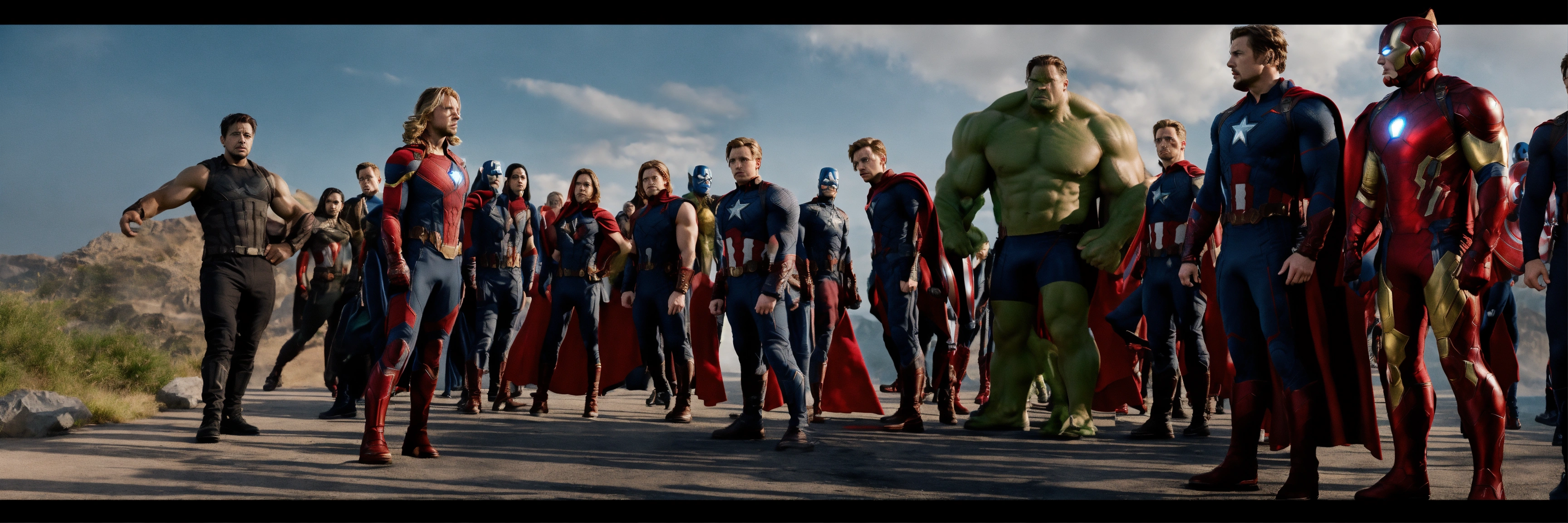 Lexica - CGI image, a dynamic line of a superhero team squaring off ...