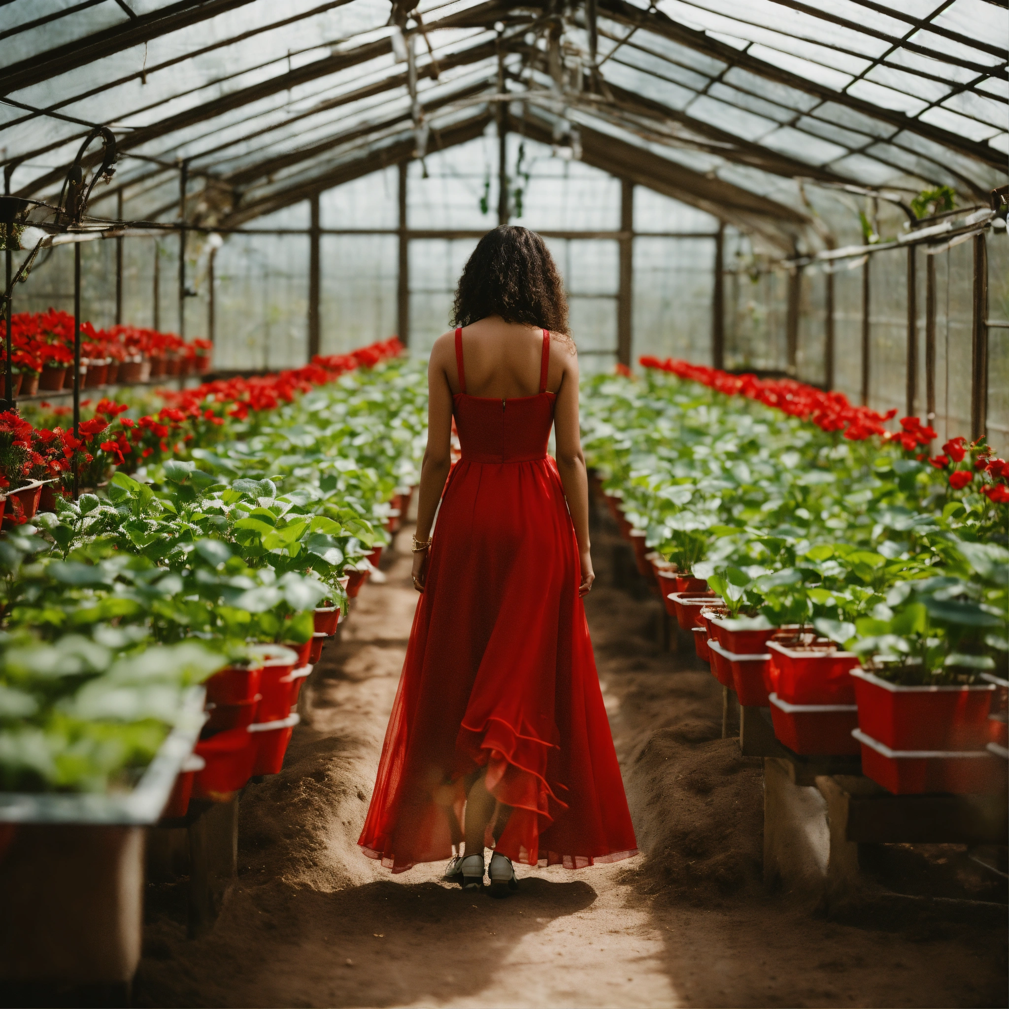 Lexica - A woman wearing a red dress in a greenhouse