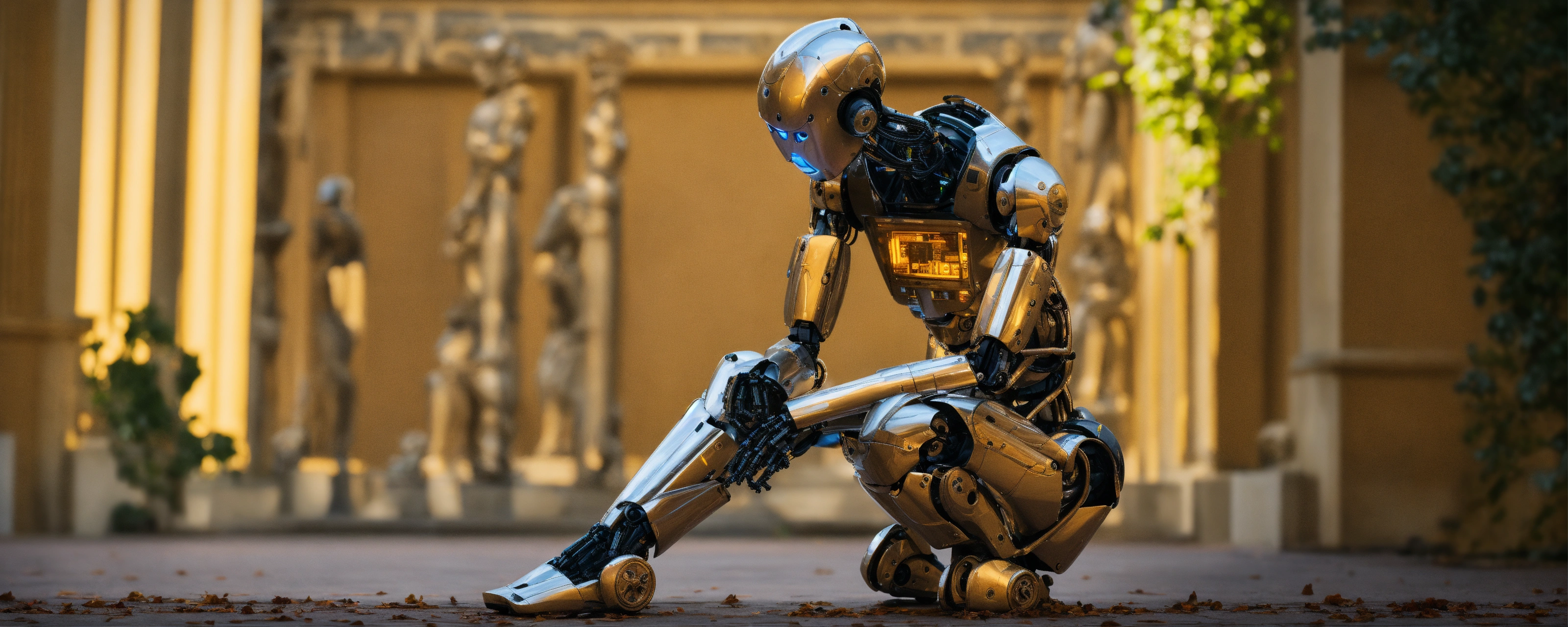 Lexica - Create an image of a humanoid robot sitting in a contemplative ...