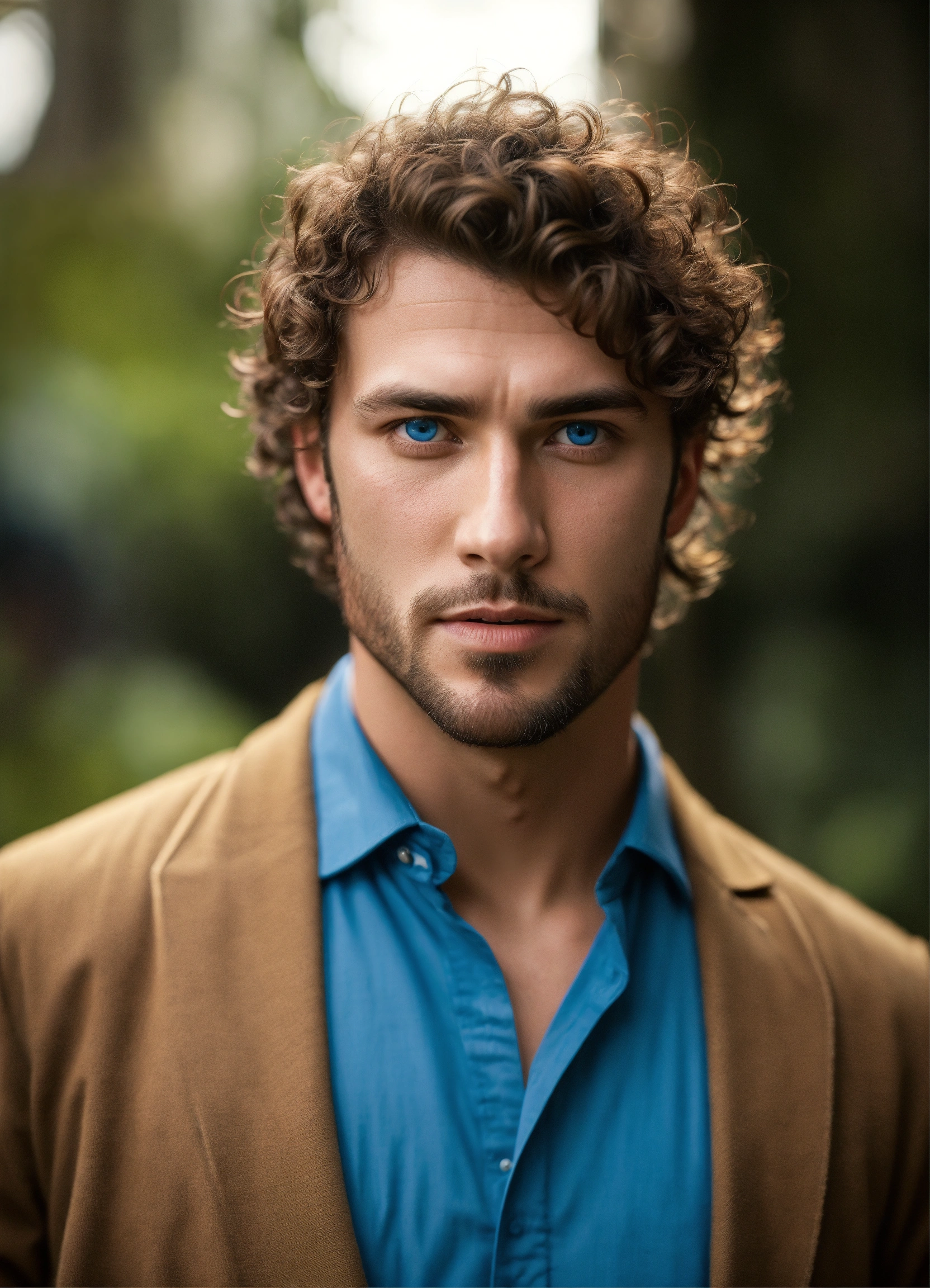 Lexica - Very handsome man, blue eyes, brown curly hair, courageous, count